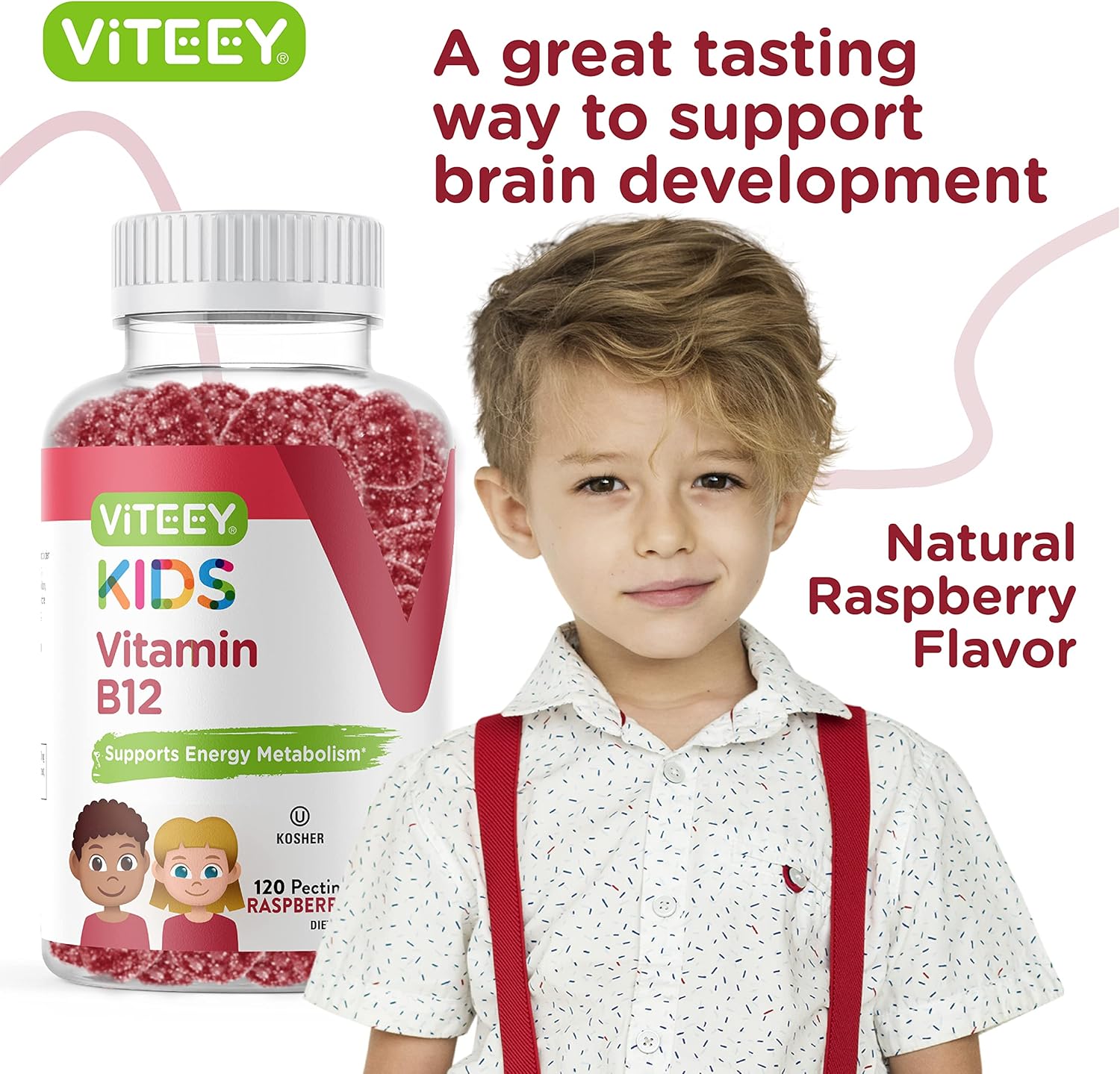 Gomitas de vitamina B12 para niños, 1000 mcg, metabolismo, apoyo energético natural, vegano, sin gluten, sin gelatina, sin OMG, kosher, para