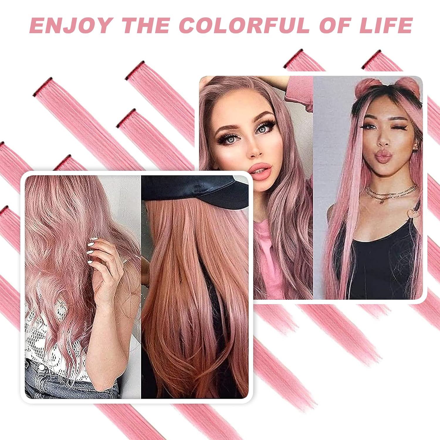 12 extensiones de cabello rosa con clip, extensiones de colores para fiestas de niños y niñas, extensión de pelo sintético lacio de 22 pulgadas,