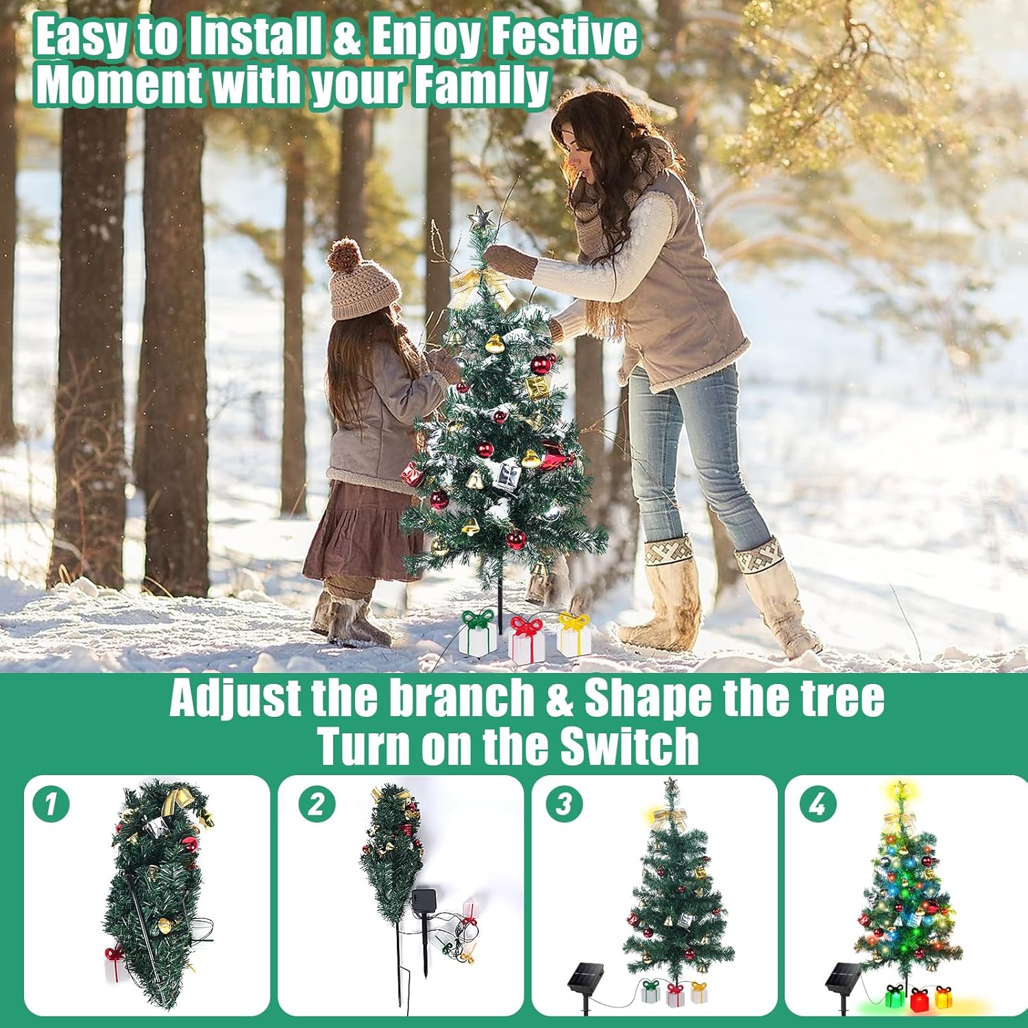 Kordain Mini luz solar para árbol de Navidad, decoración al aire libre, luces solares de árbol de 30 pulgadas con 30 LED, 8 modos intermitentes,