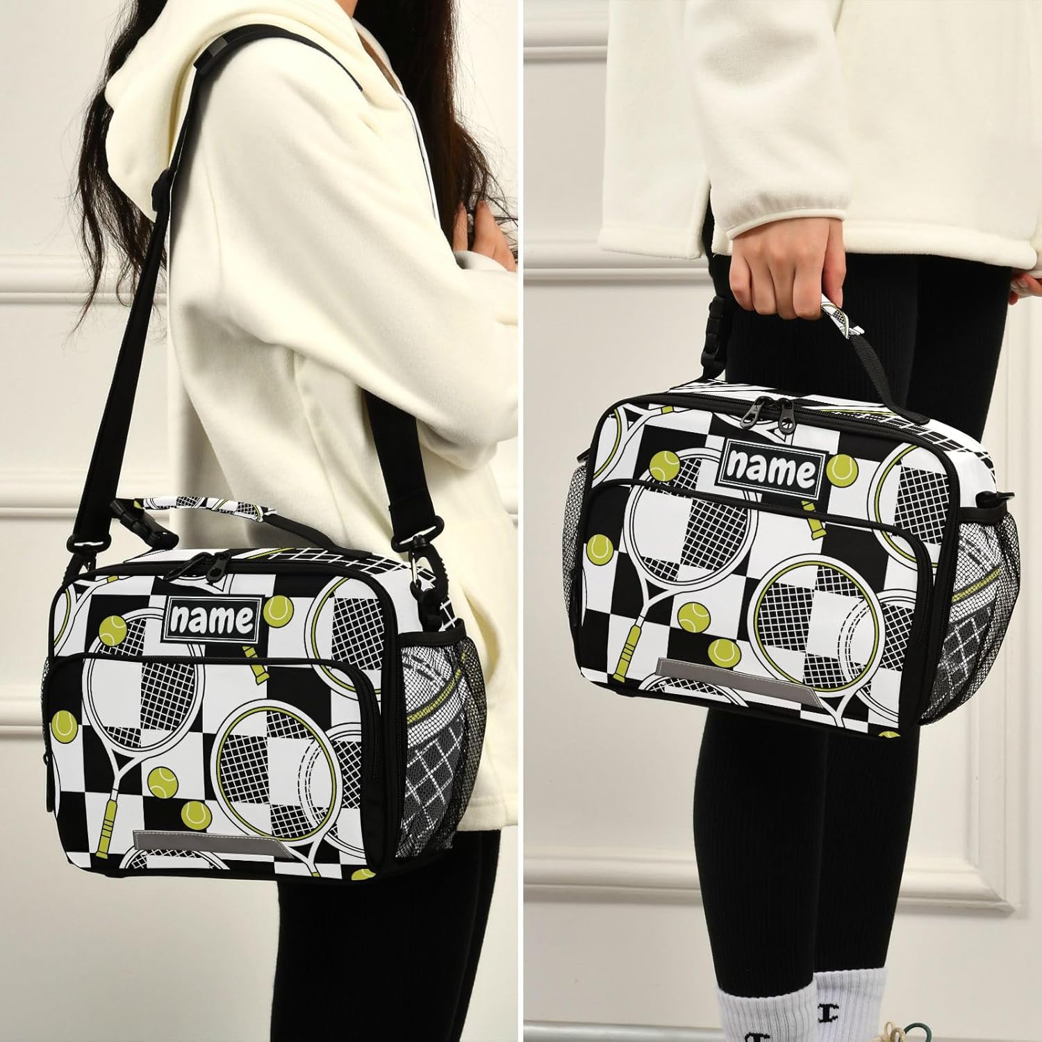 Pelotas de tenis personalizadas, bolsa de almuerzo a cuadros en blanco y negro para niños y niñas, bolsas de almuerzo personalizadas con tu nombre,