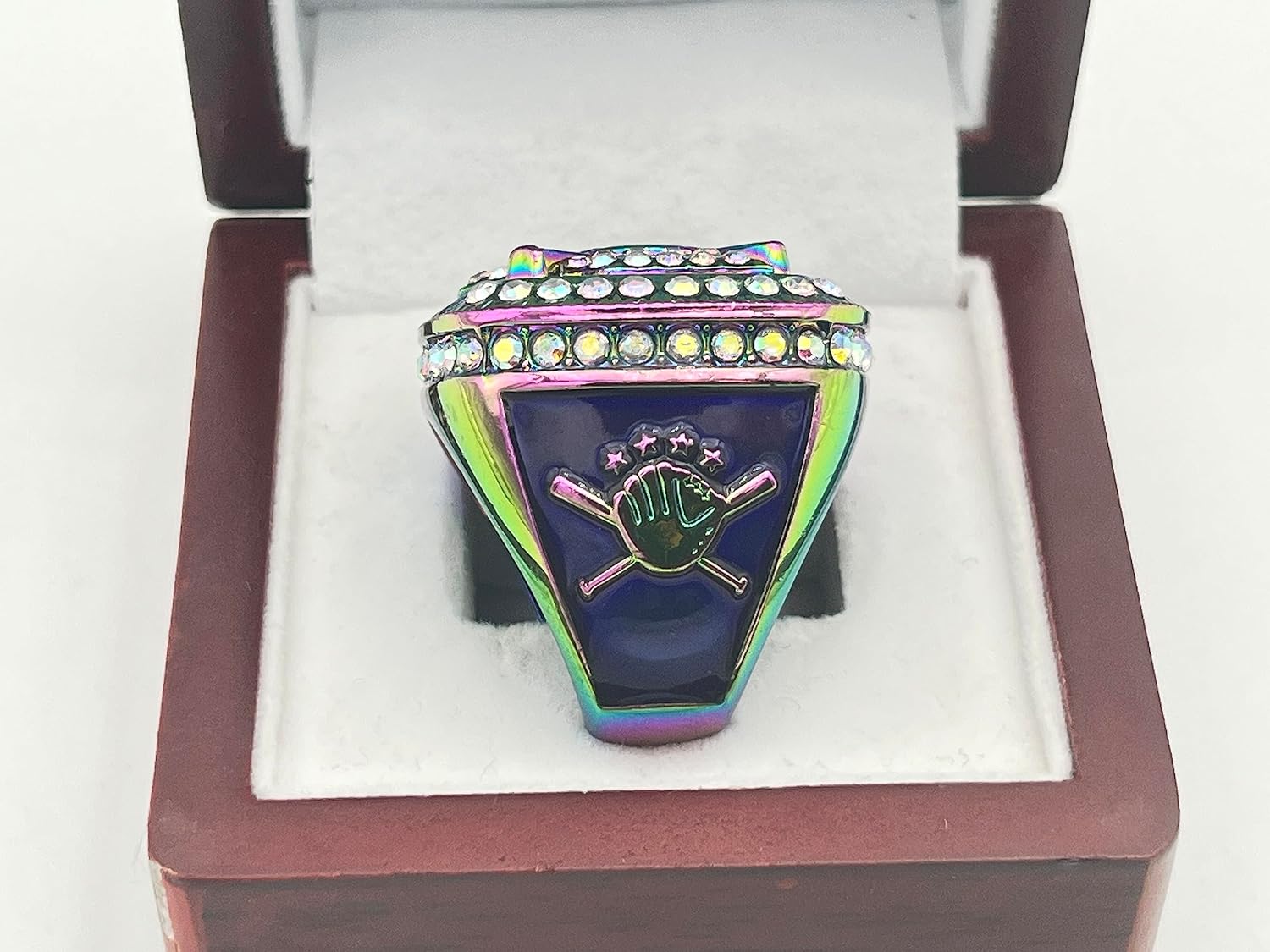 Anillos deportivos de descuento ANILLO CAMPEÓN DE PLACA DE CASA  CUERPO DE ARCO IRIS, PIEDRA PRISMÁTICA, ARCO IRIS PINTURA Anillo de béisbol de