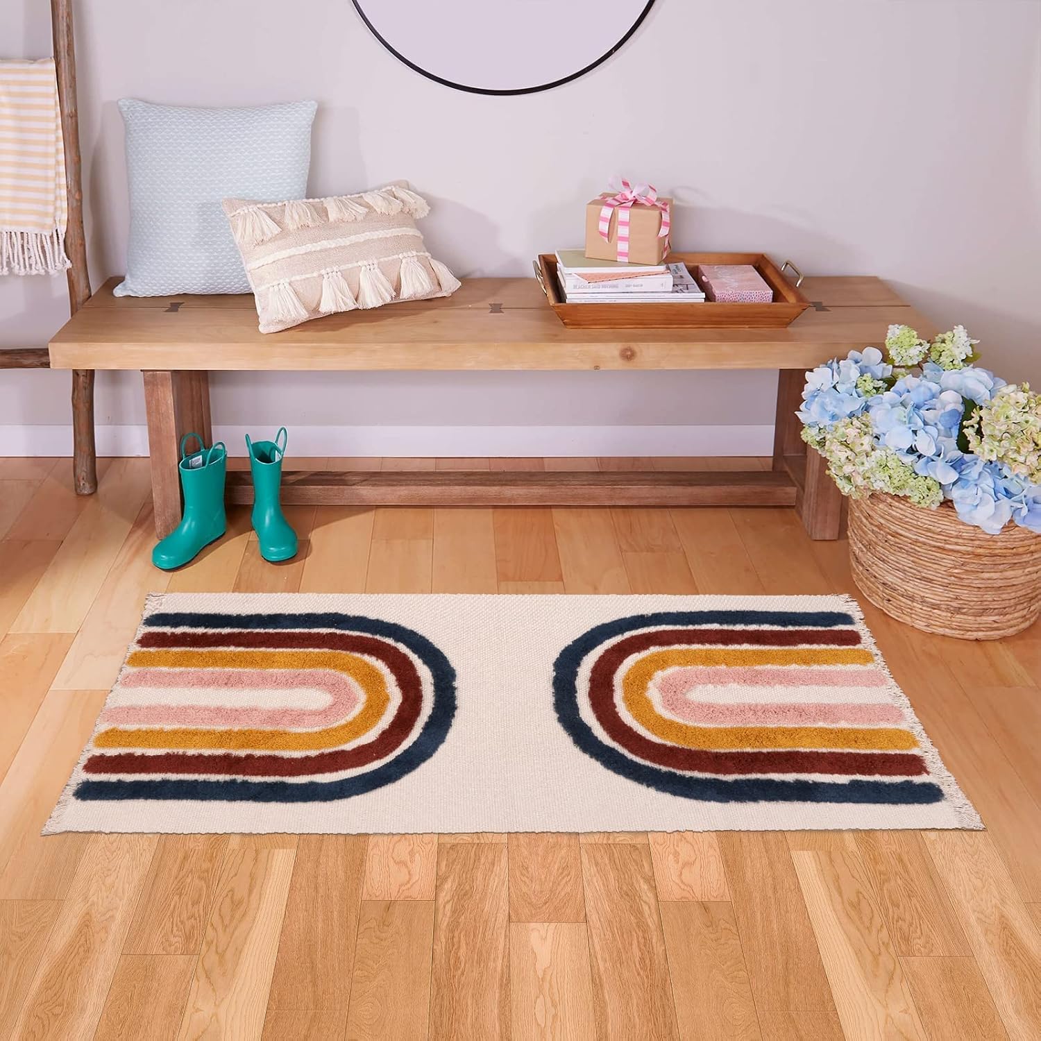 Ailsan Alfombra bohemia para dormitorio, de 2 x 4.3 pulgadas, de algodón, lavable a máquina, con borlas, para cocina, tapete colorido de arcoíris,
