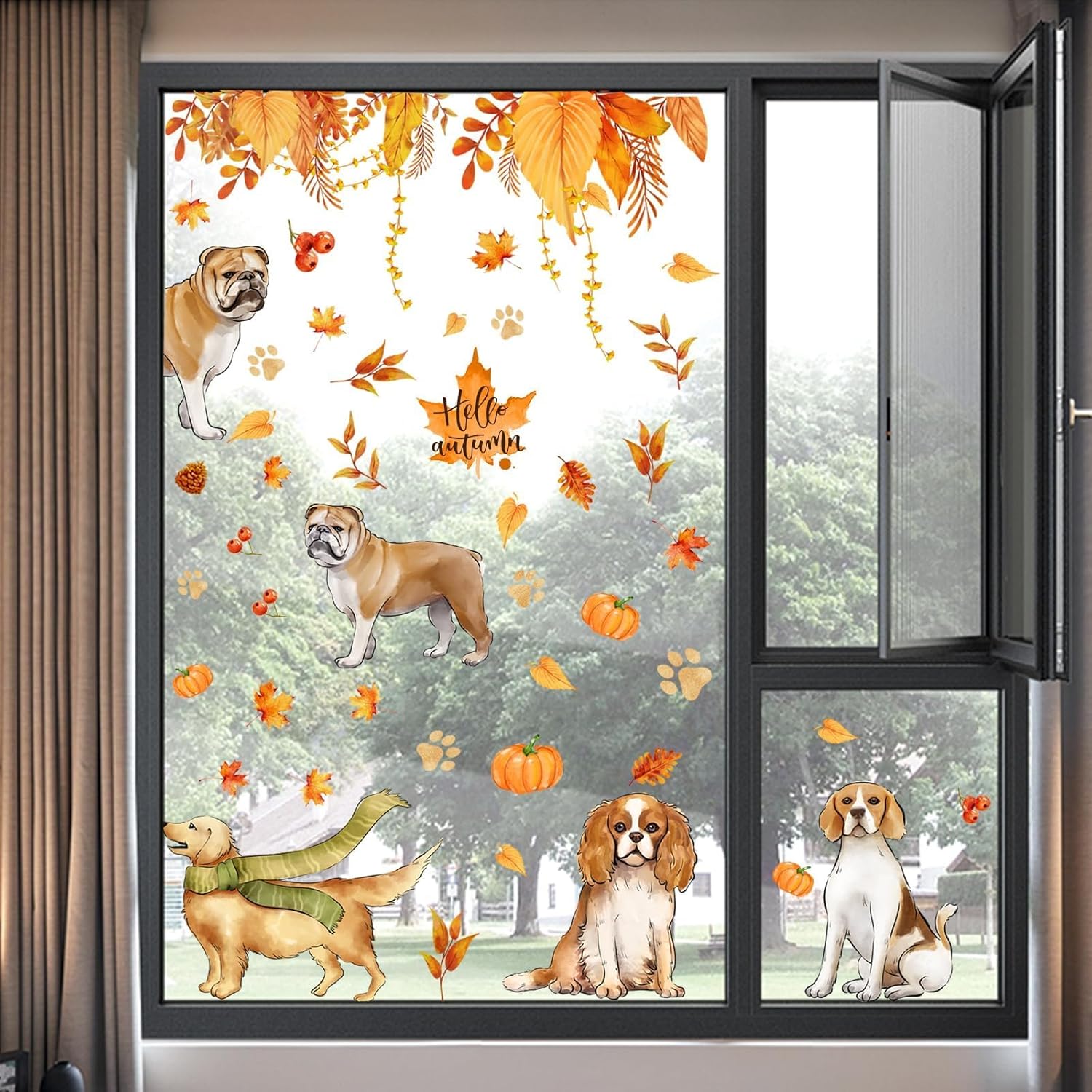 Calcomanías para ventana de otoño, Acción de Gracias, hojas de arce de otoño, hojas de arce, calcomanías de ventana de perros de cosecha de doble