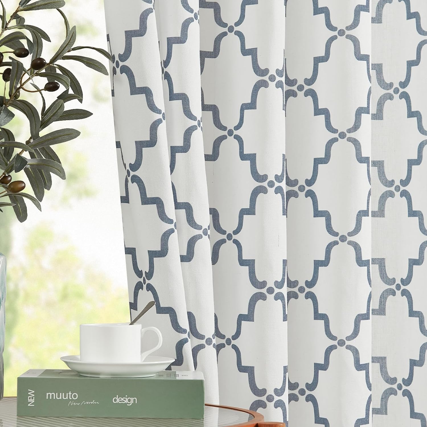 jinchan Cortinas de lino con estampado de enrejado marroquí para sala de estar, cortinas azules de granja de 84 pulgadas de largo, 2 paneles para
