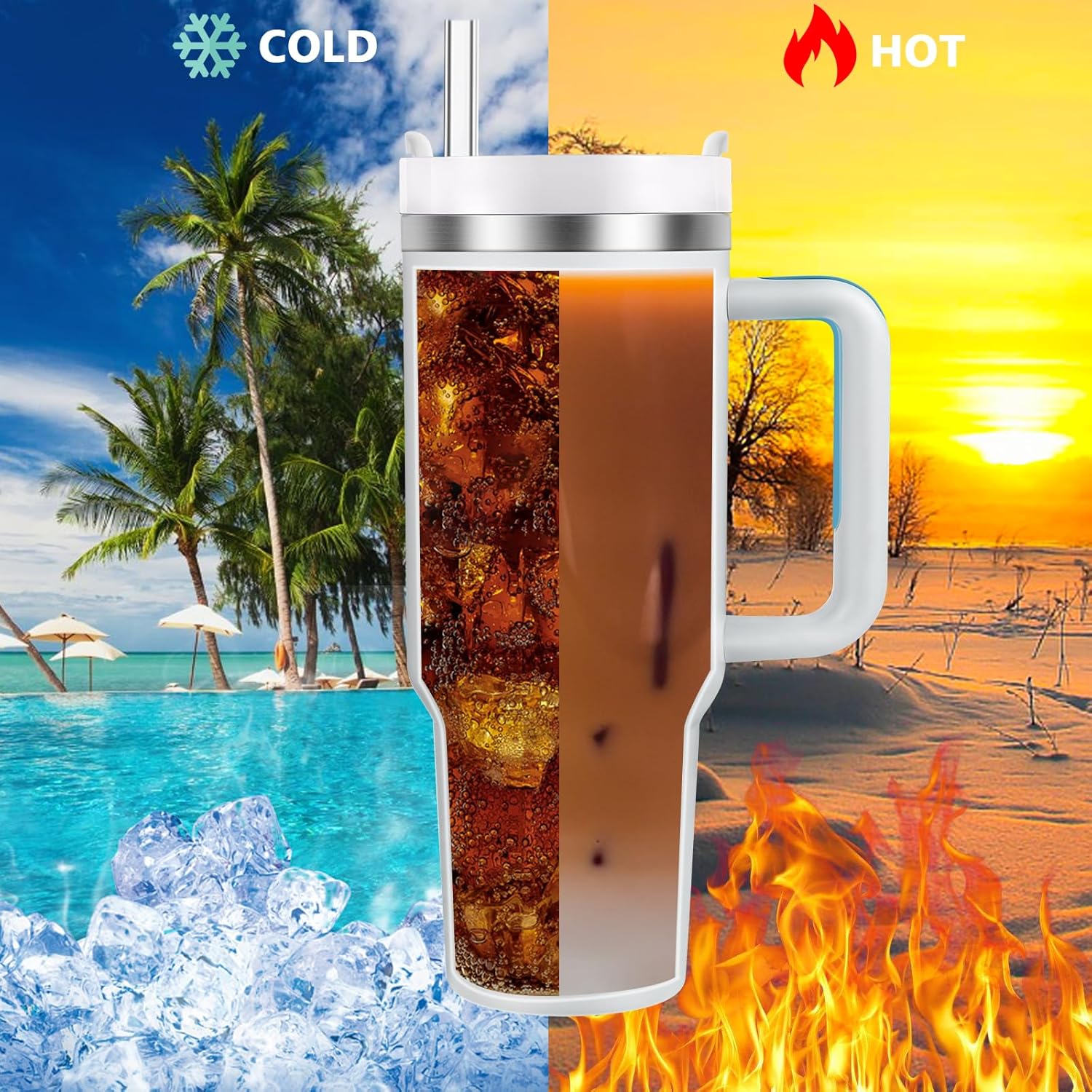 BELYQLY Vaso aislado al vacío de acero inoxidable de 40 onzas con tapa y popote para agua, batidos y más, té helado o café (niebla)