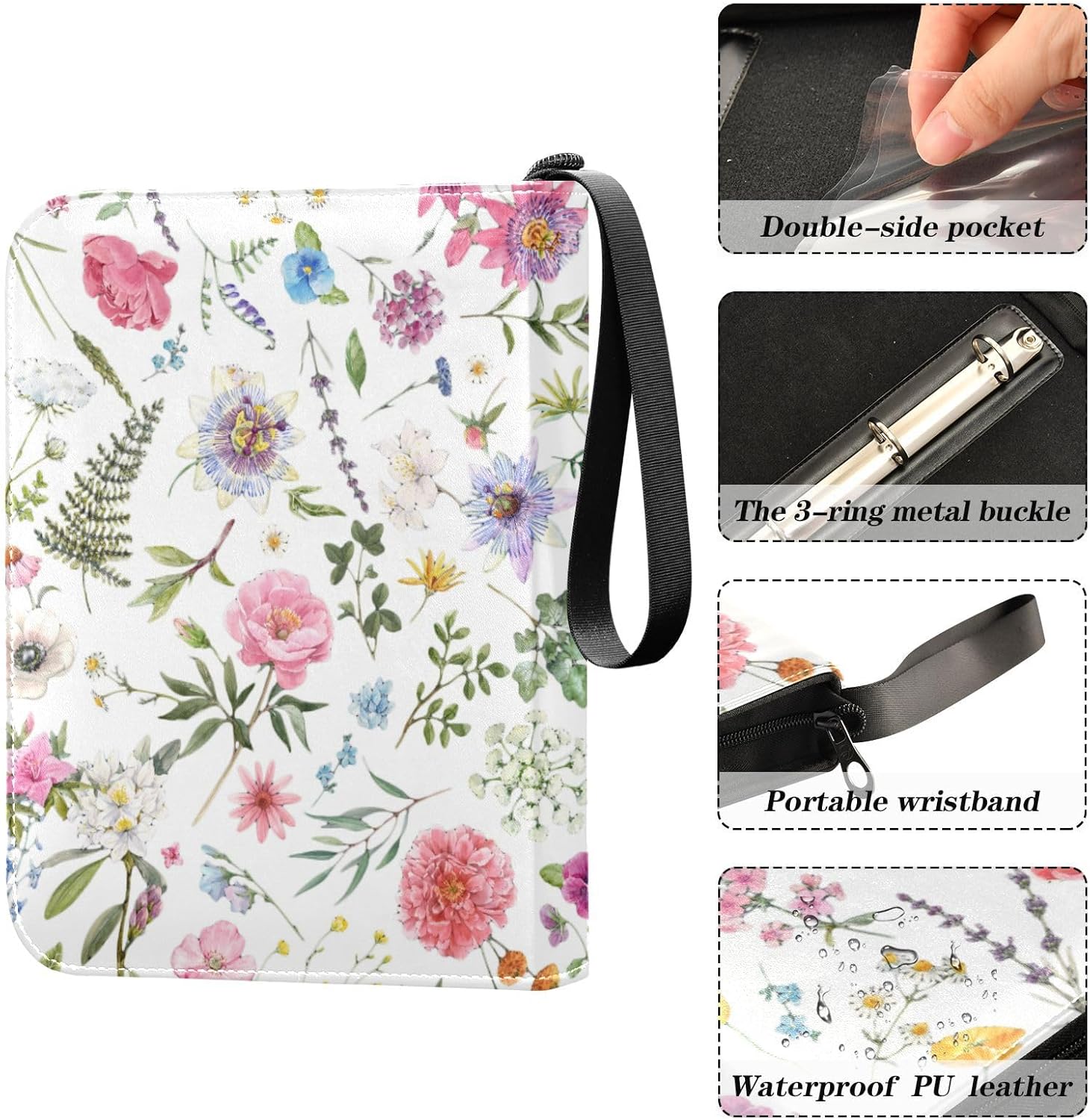 Carpeta de tarjetas coleccionables de rosas florales con 4 bolsillos con 50 fundas extraíbles, carpeta de álbumes de tarjetas de 3 anillos con