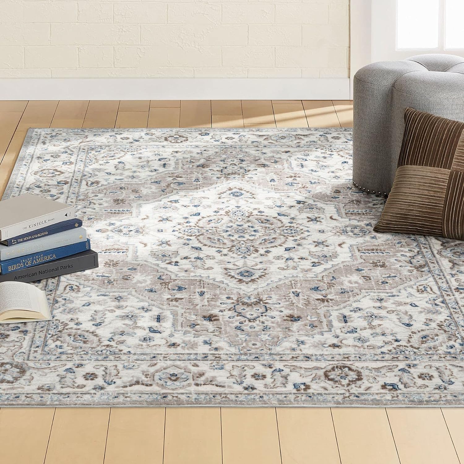 Home Dynamix Belmar Sterling – Alfombra de medallón oriental, grismarfil, rectangular de 6 pies 6 pulgadas x 9 pies 6 pulgadas