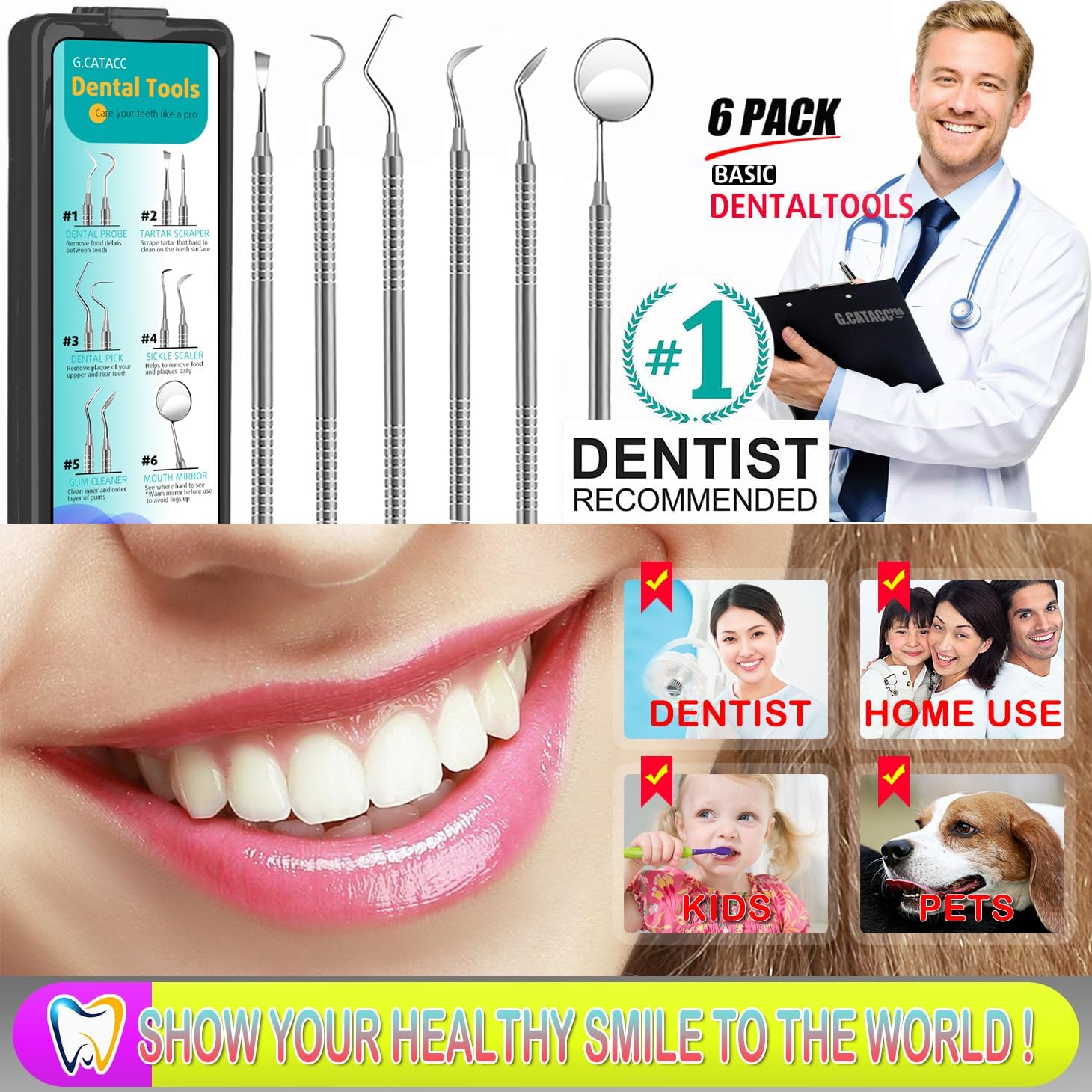 CATACC PRO Herramientas dentales, púa dental, kit de higiene dental, kit de herramientas de limpieza dental de acero inoxidable con raspador de
