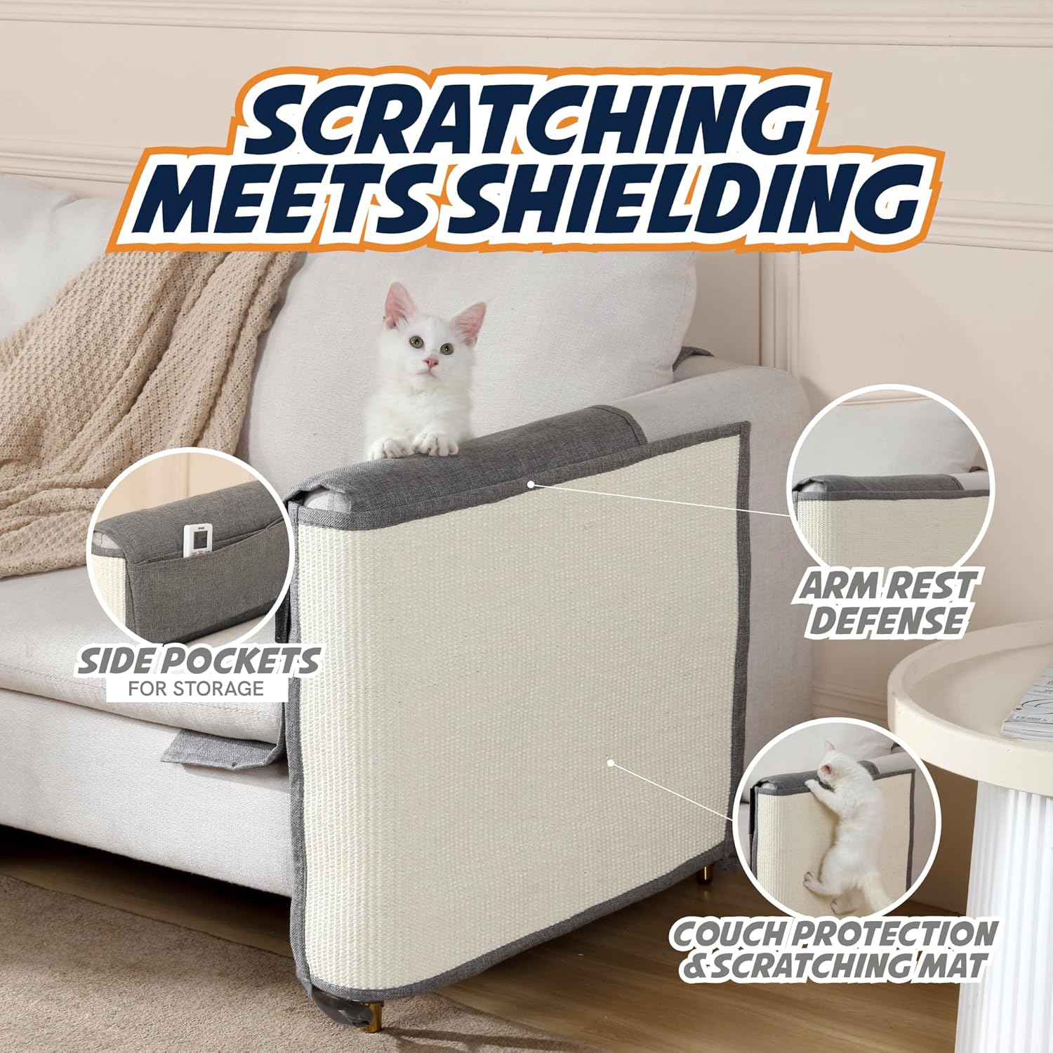 Panther Armor Protectores de muebles de sisal, rascador de esquina para gatos brazo de sofá gris derecho evita que los gatos arañen muebles, poste