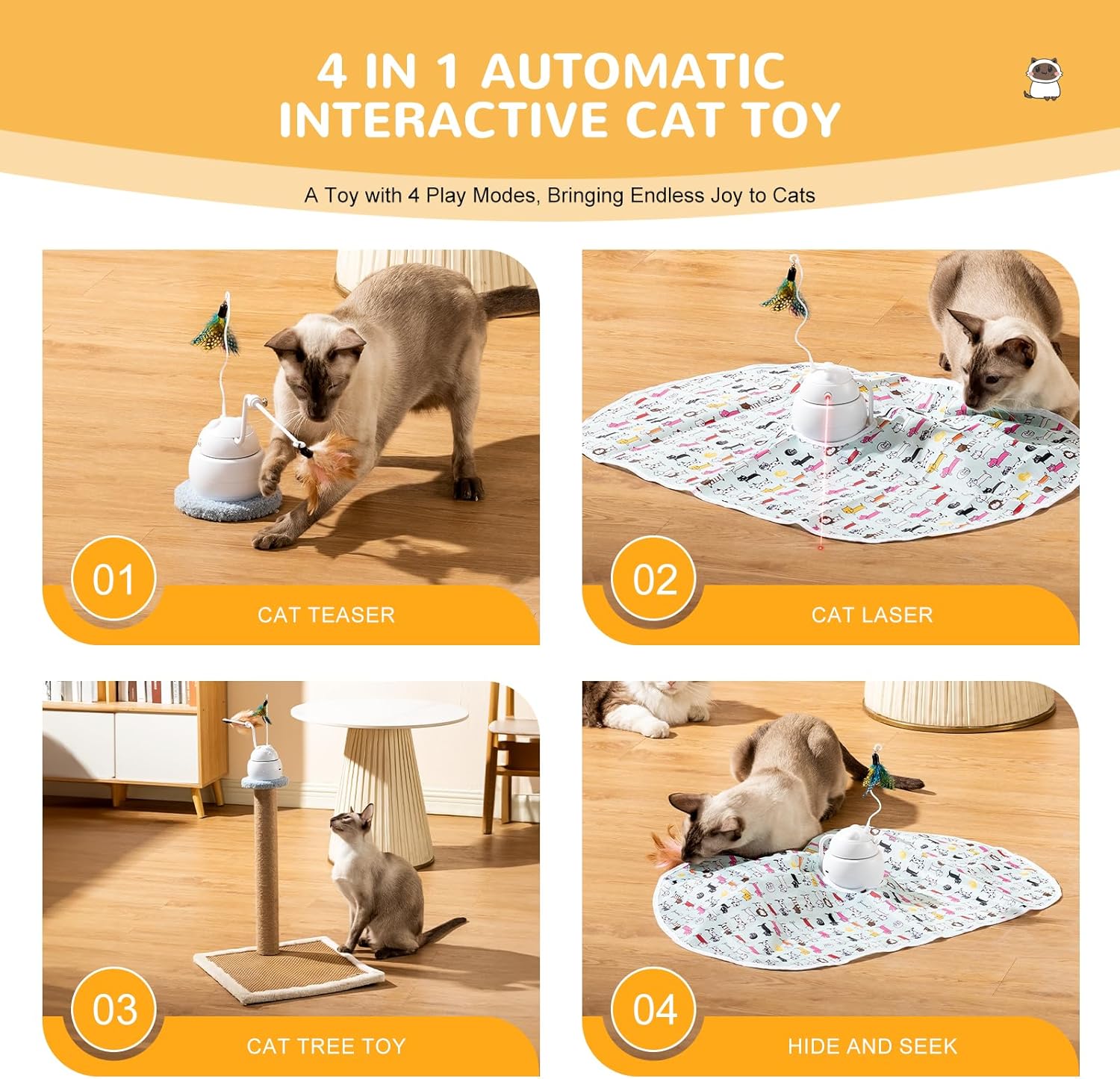 SEECLOUD Juguetes interactivos automáticos para gatos, 4 en 1, recargable, láser, para interiores, 2 plumas y cubierta, juguetes para gatos para