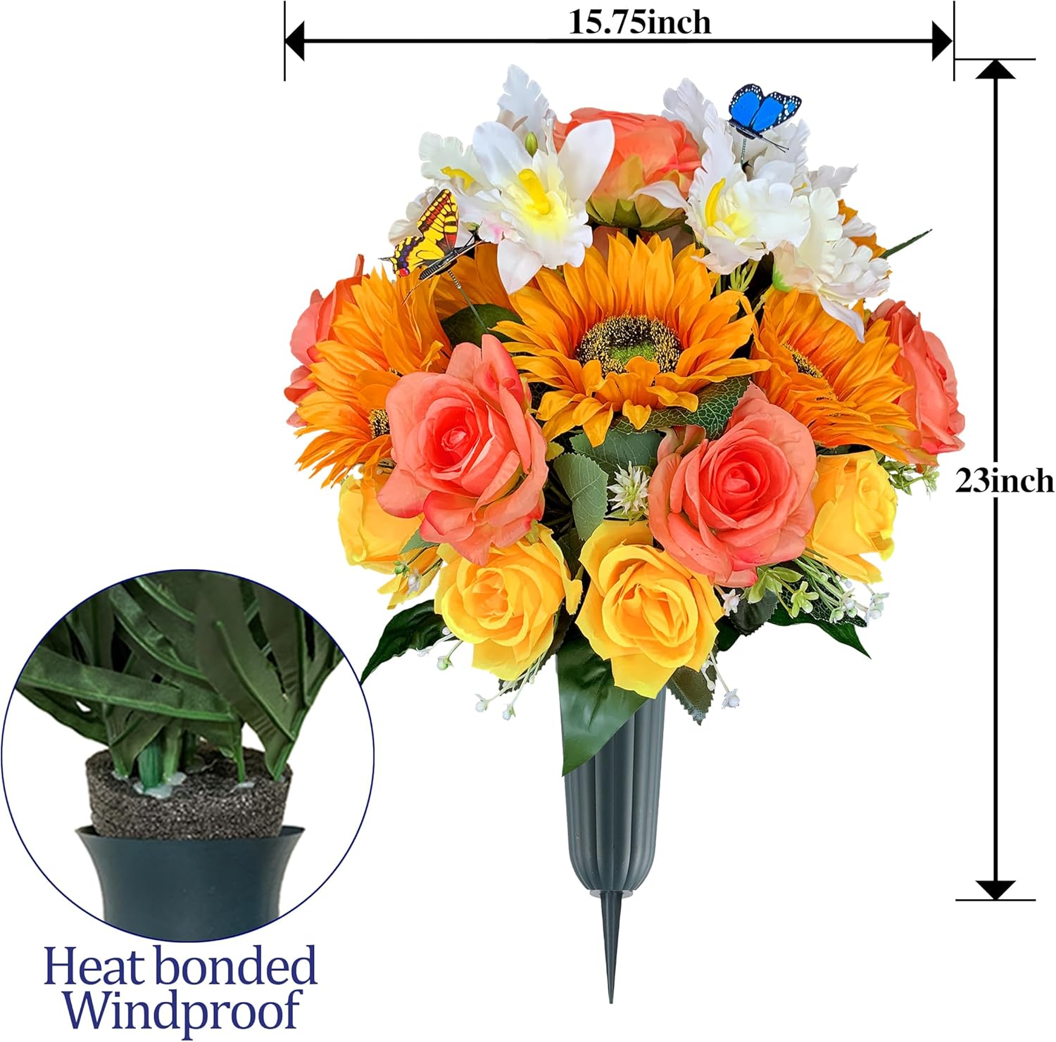 Flores de cementerio de seda para tumba con mariposa y jarrón, no se corren, rosa artificial y girasol y orquídea Cattleya, arreglo junto a la