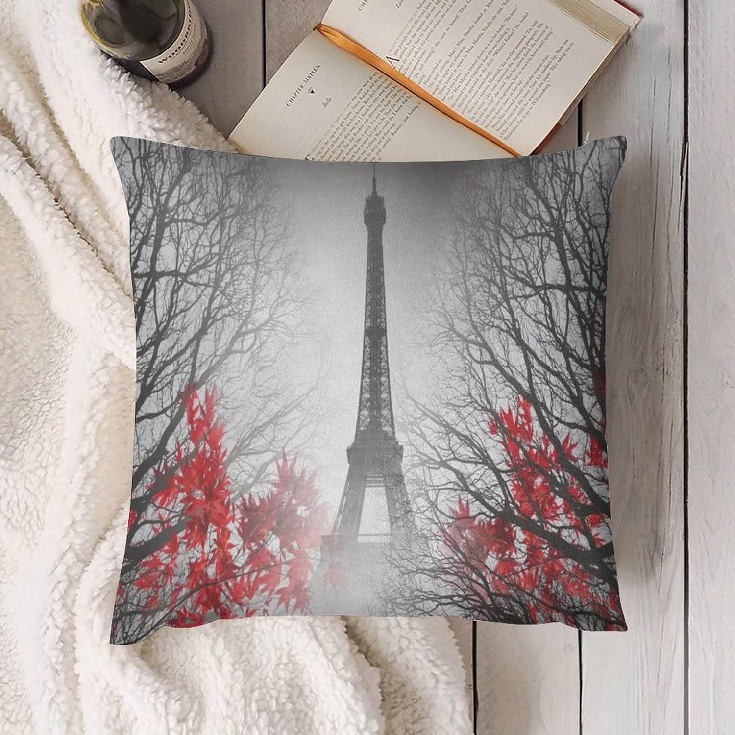 Juego de 1 fundas de cojín de felpa para sofá, Torre Eiffel París, hoja roja y blanca, 26 x 26 pulgadas