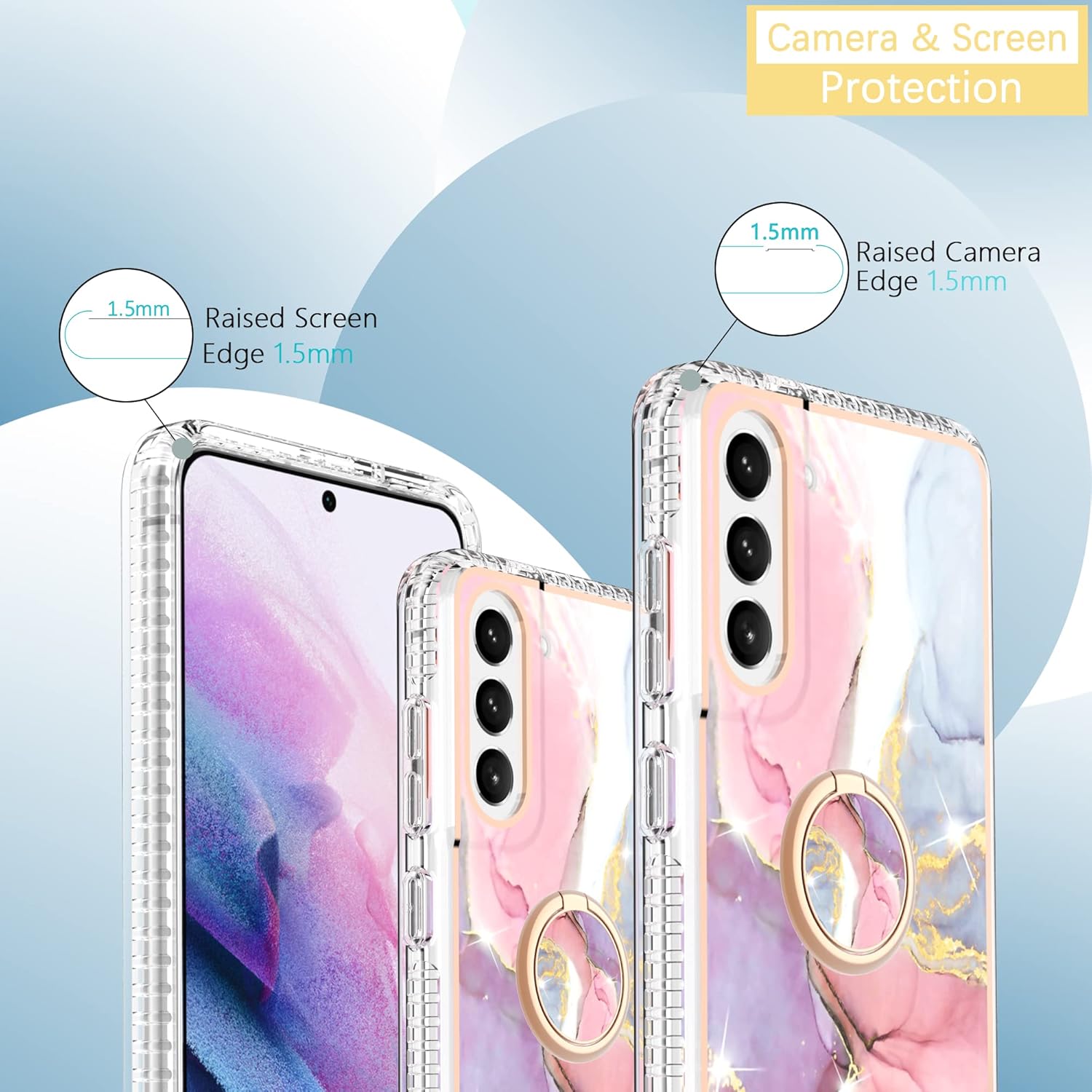 Asuwish Funda de teléfono para Samsung Galaxy S21 FE 5G con protector de pantalla y soporte para anillo de mármol, a prueba de golpes, silicona TPU,