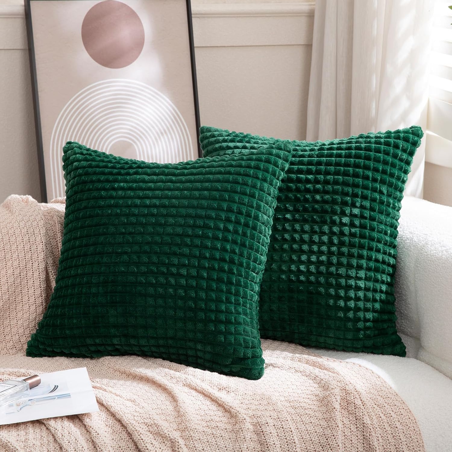 Juego de 2 fundas de almohada decorativas de color verde oscuro de 16 x 16 pulgadas, fundas de almohada de franela de felpa súper suave, esponjosas