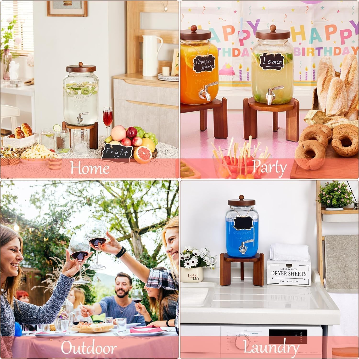 Dispensador de bebidas de vidrio con soporte de madera, dispensador de bebidas de 1 galón para fiestas con espiga de acero inoxidable 188 a prueba