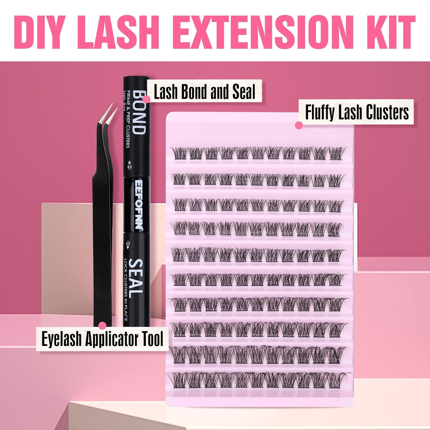 Kit de extensión de pestañas de rizo D, kit de pestañas individuales naturales con enlace de pestañas y pinzas de pestañas de 0.315 a 0.630