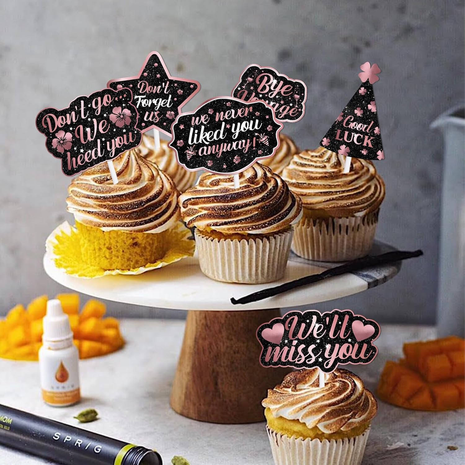 18 piezas de decoración de postre con purpurina rosa con texto en inglés “We Will Miss You Don’t Go We Peg You”, suministros de decoración temática