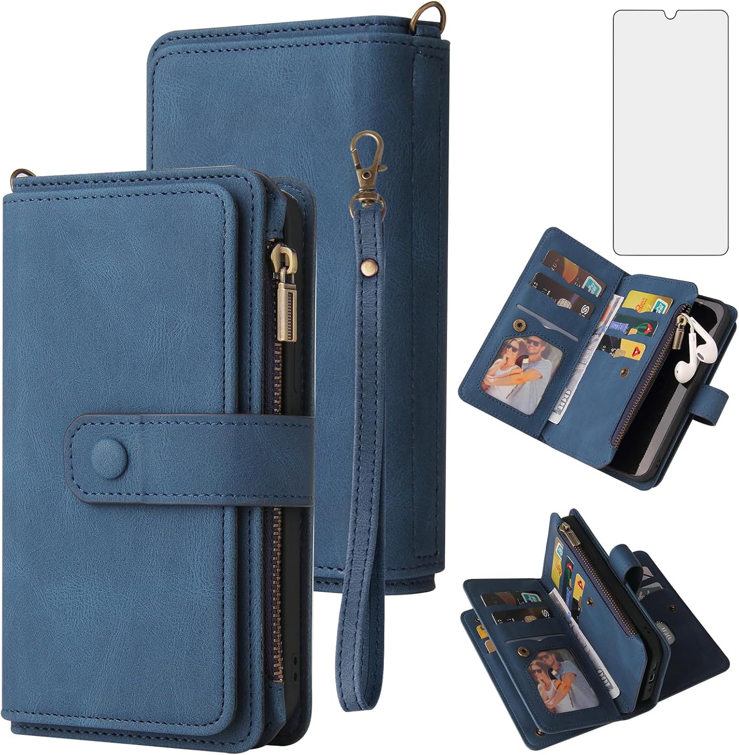Asuwish Funda de teléfono para Samsung Galaxy A04e Funda tipo cartera con protector de pantalla de vidrio templado y correa para la muñeca de cuero