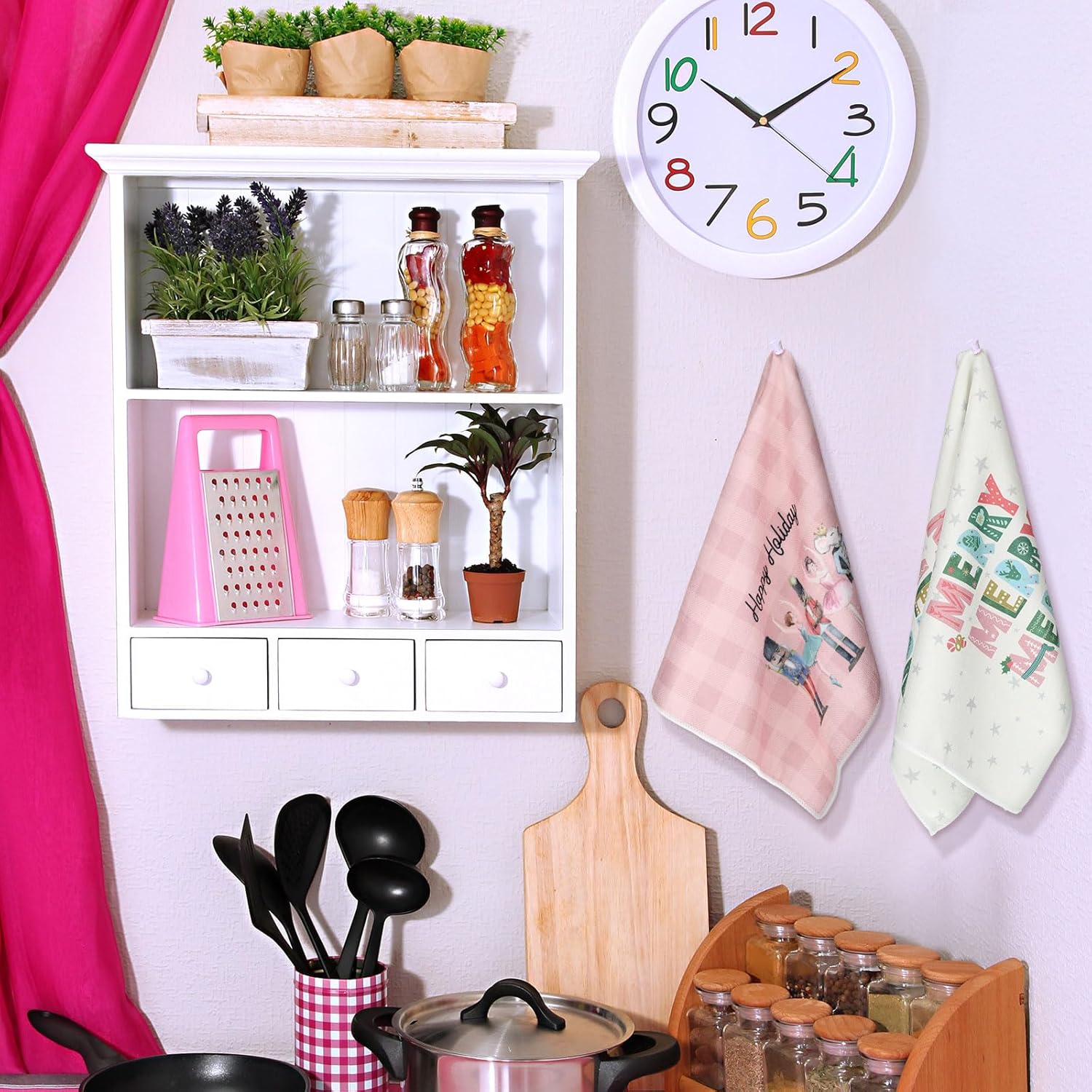 6 toallas de cocina de Navidad, diseño de árbol de cascanueces, toallas de mano a cuadros de búfalo rosa y blanco, paños de cocina de invierno para