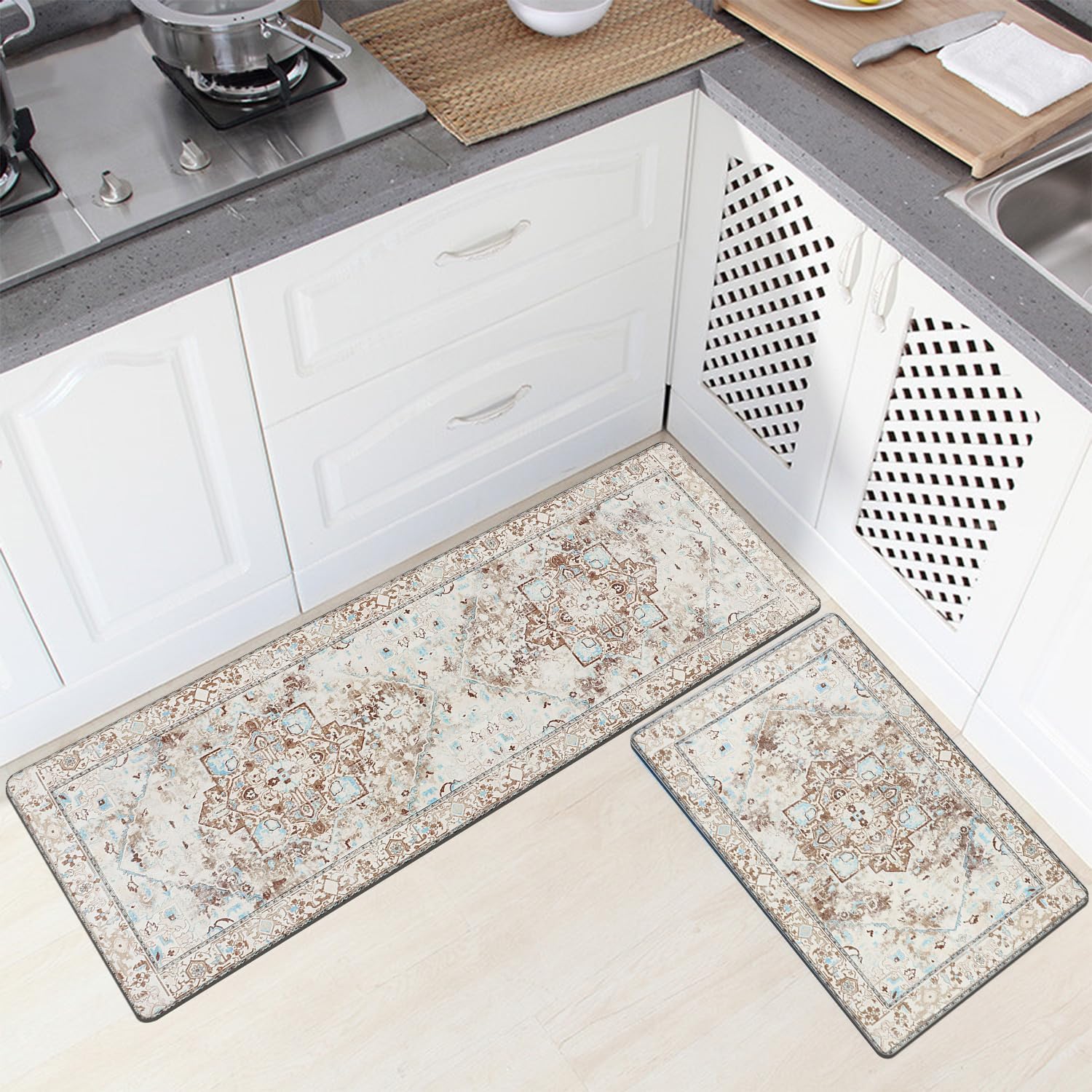 Cekene Juego de 2 alfombras y tapetes acolchados para cocina, antifatiga, tapetes de cocina para piso, tapetes de cocina estilo bohemio de granja,