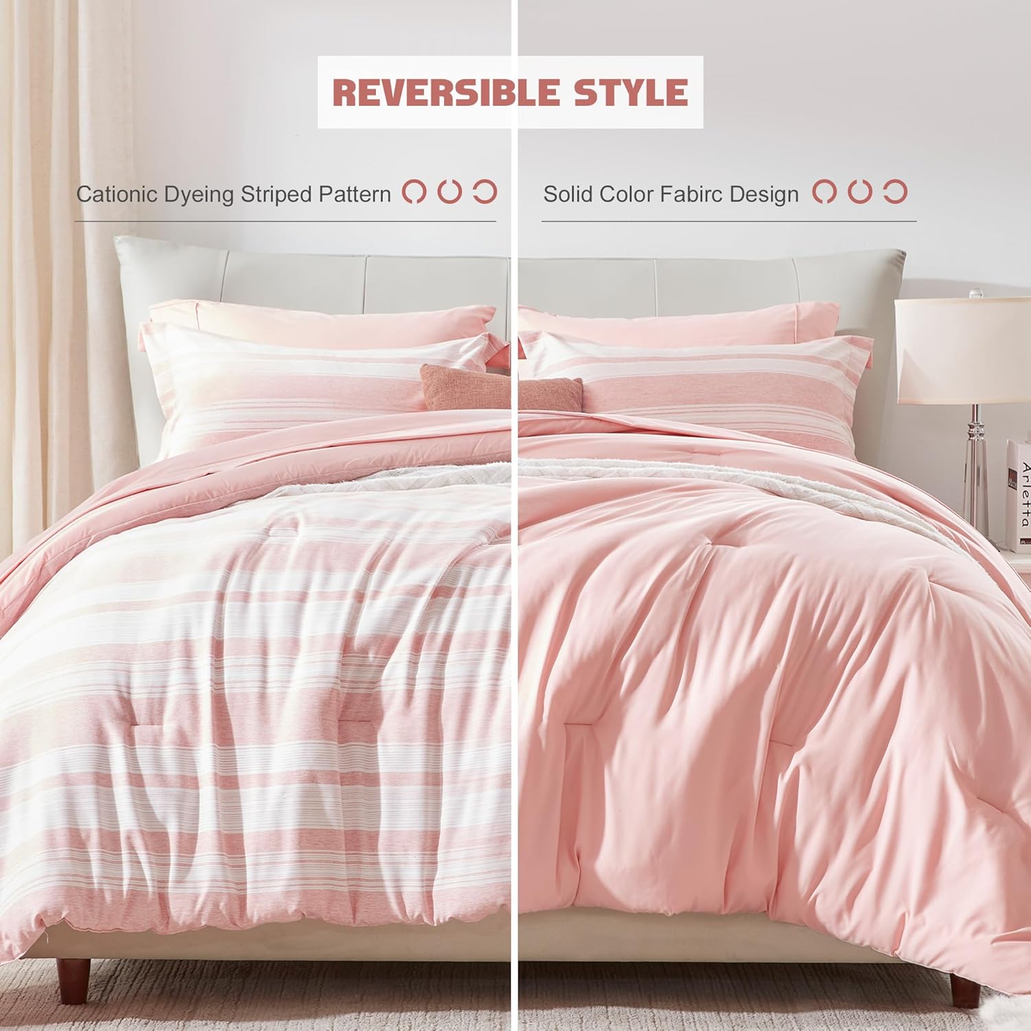 UNILIBRA Juego de edredón rosa tamaño Queen, 7 piezas de ropa de cama a rayas en una bolsa, juegos de ropa de cama ligera de teñido catiónico para