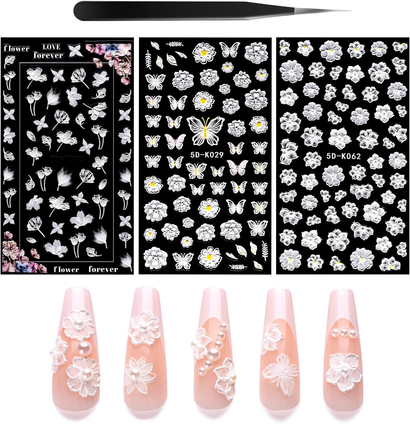 Calcomanías de arte de uñas de flores 5D, 3 hojas en relieve, huecas, exquisitas pegatinas 3D, autoadhesivas, encaje blanco, hojas florales, plumas,