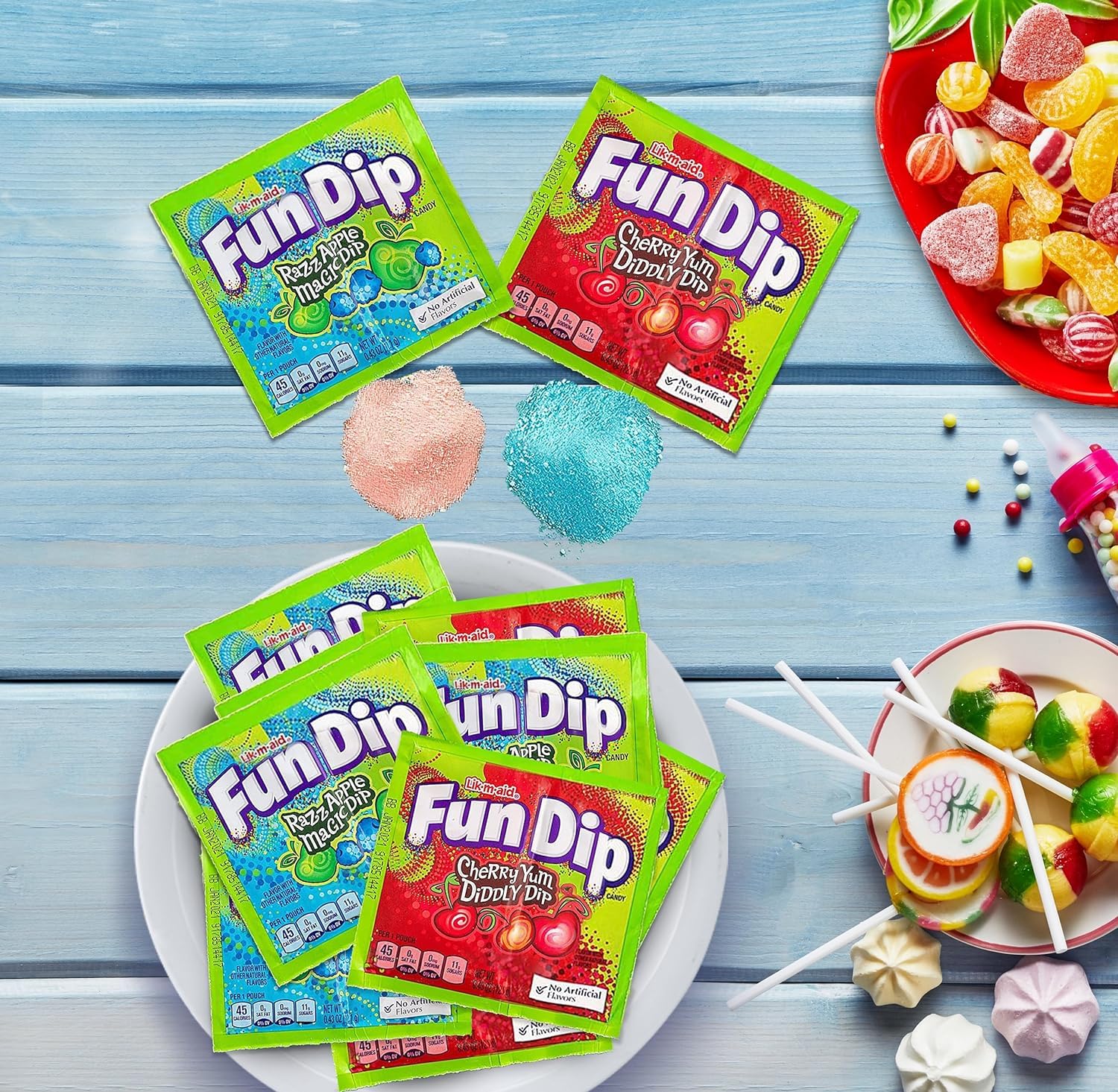 Fun Dip Candy – Paquete a granel de 2 sabores de salsa mágica de manzana y cereza Yum Diddly Dip con bolsa de caramelos Nosh, envueltas