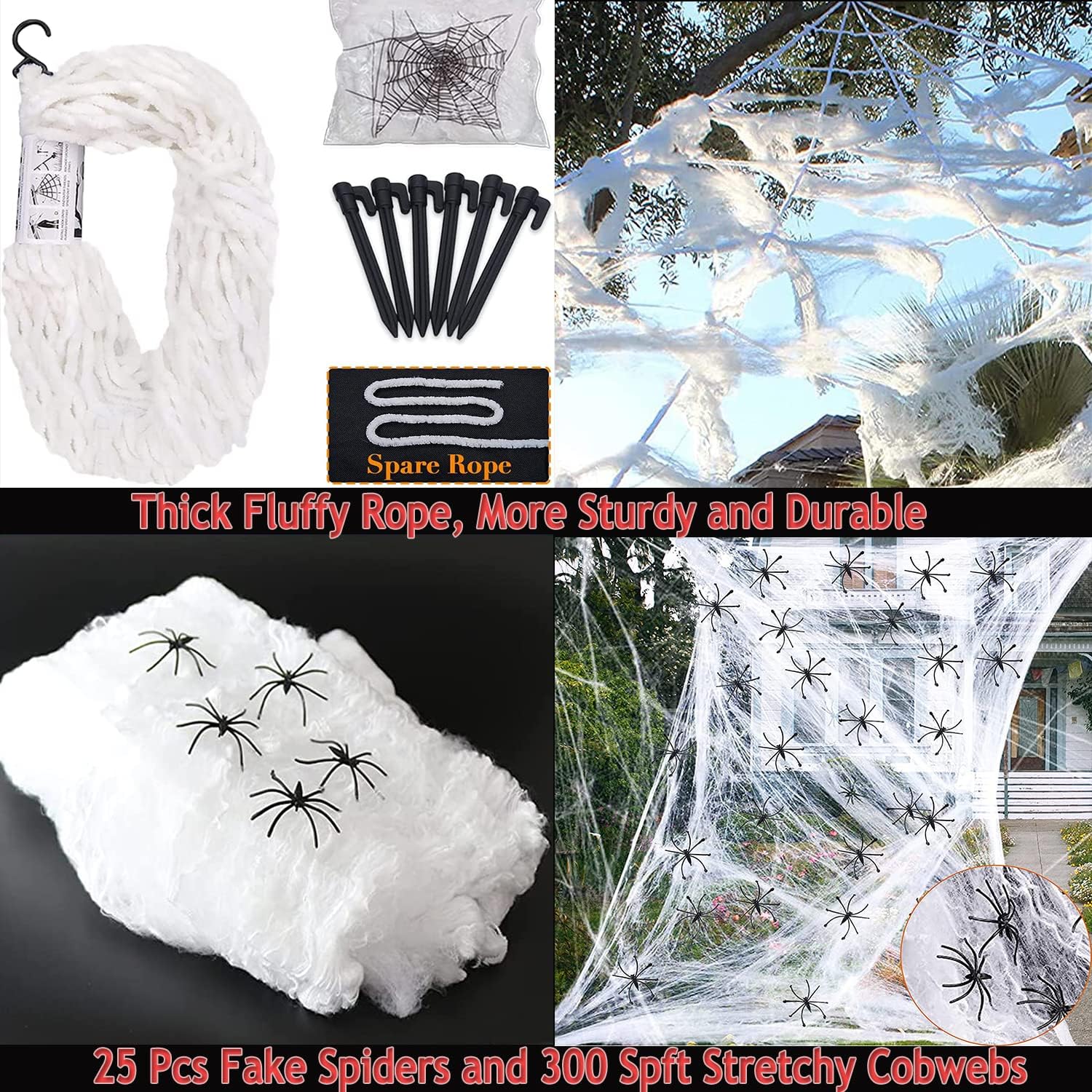 Decoraciones de araña de Halloween, telaraña de 220 pulgadas + araña gigante de 60 pulgadas, telarañas elásticas de 300 pies cuadrados, 25 arañas