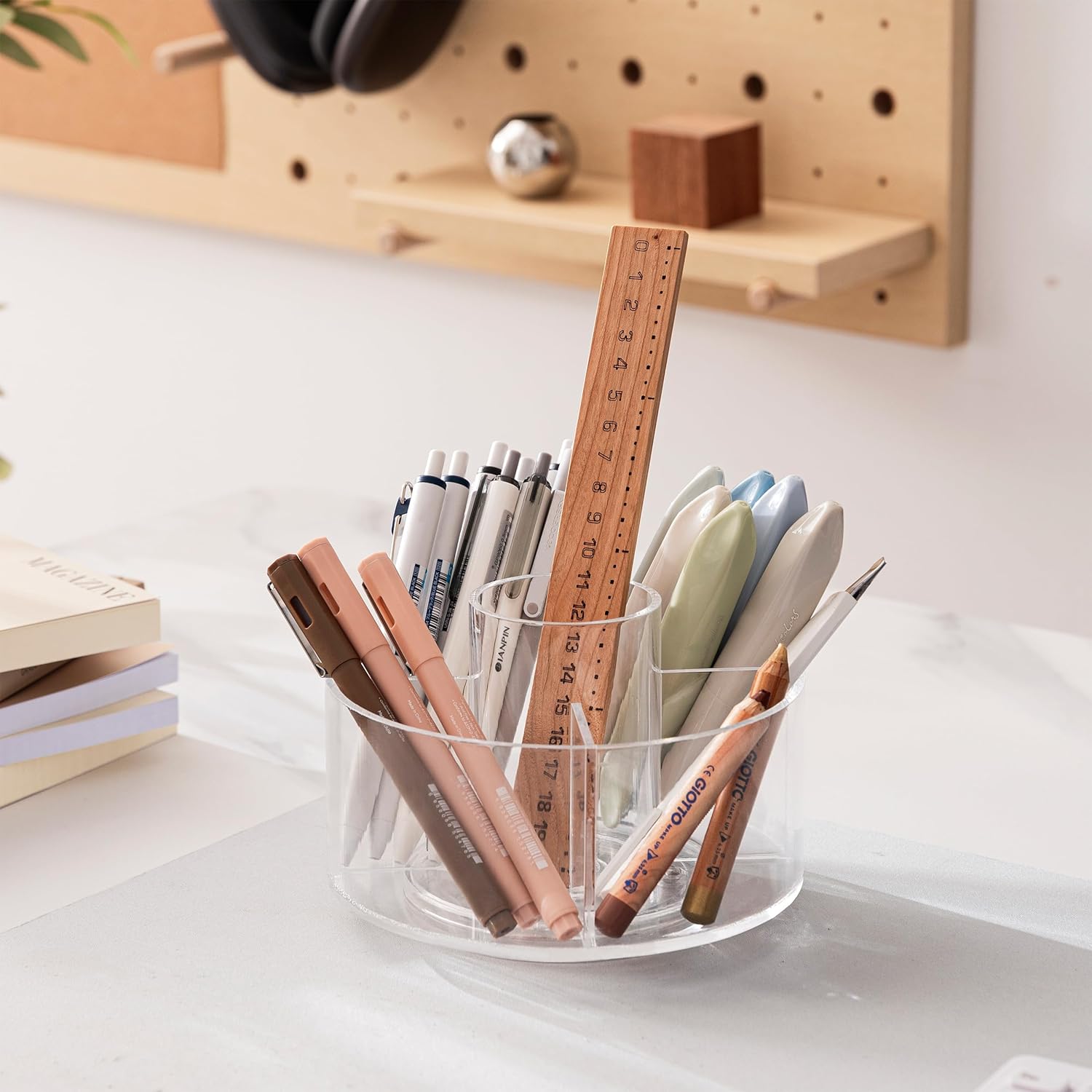 HBlife Portalápices de acrílico para escritorio, 5 ranuras organizadores y accesorios giratorios de 360 grados, almacenamiento de lápices de