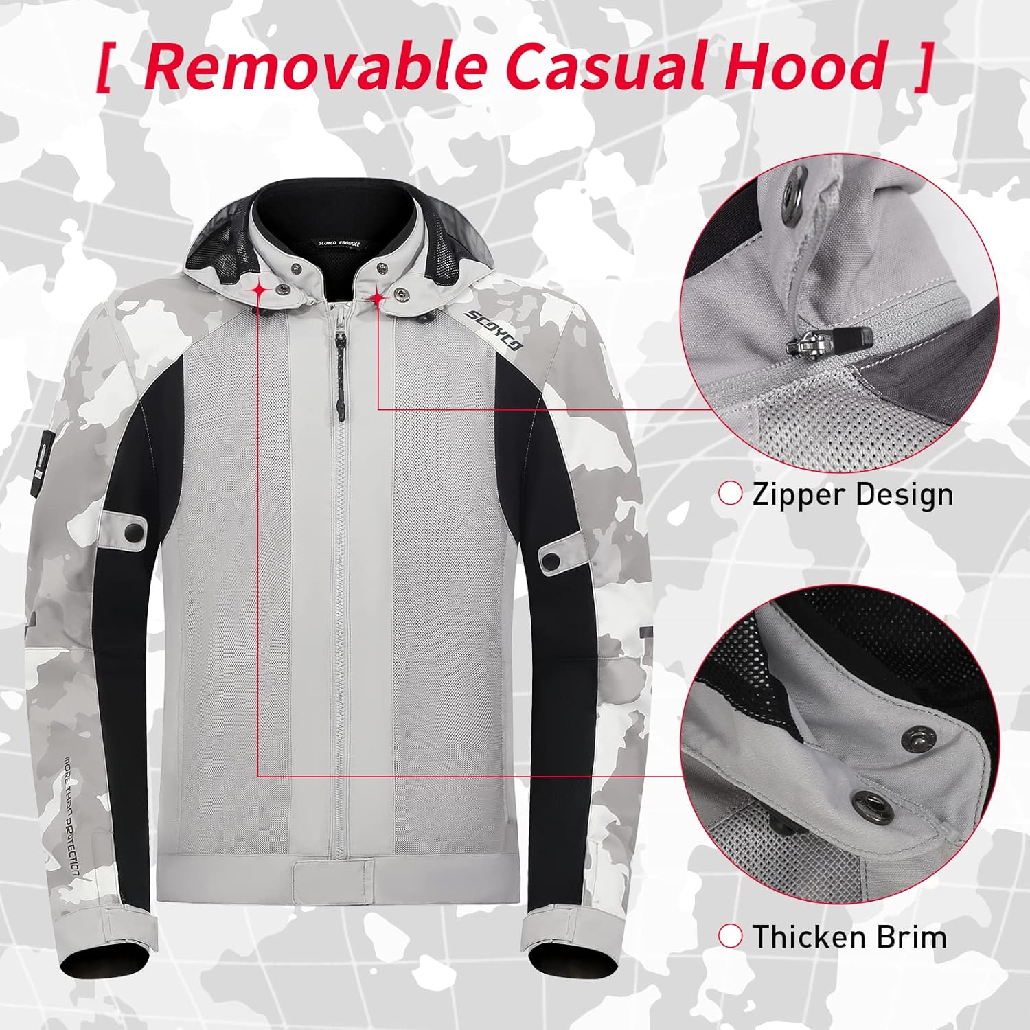 Scoyco Chaqueta de motocicleta con capucha y cremallera blindada CE con capucha extraíble para todas las estaciones