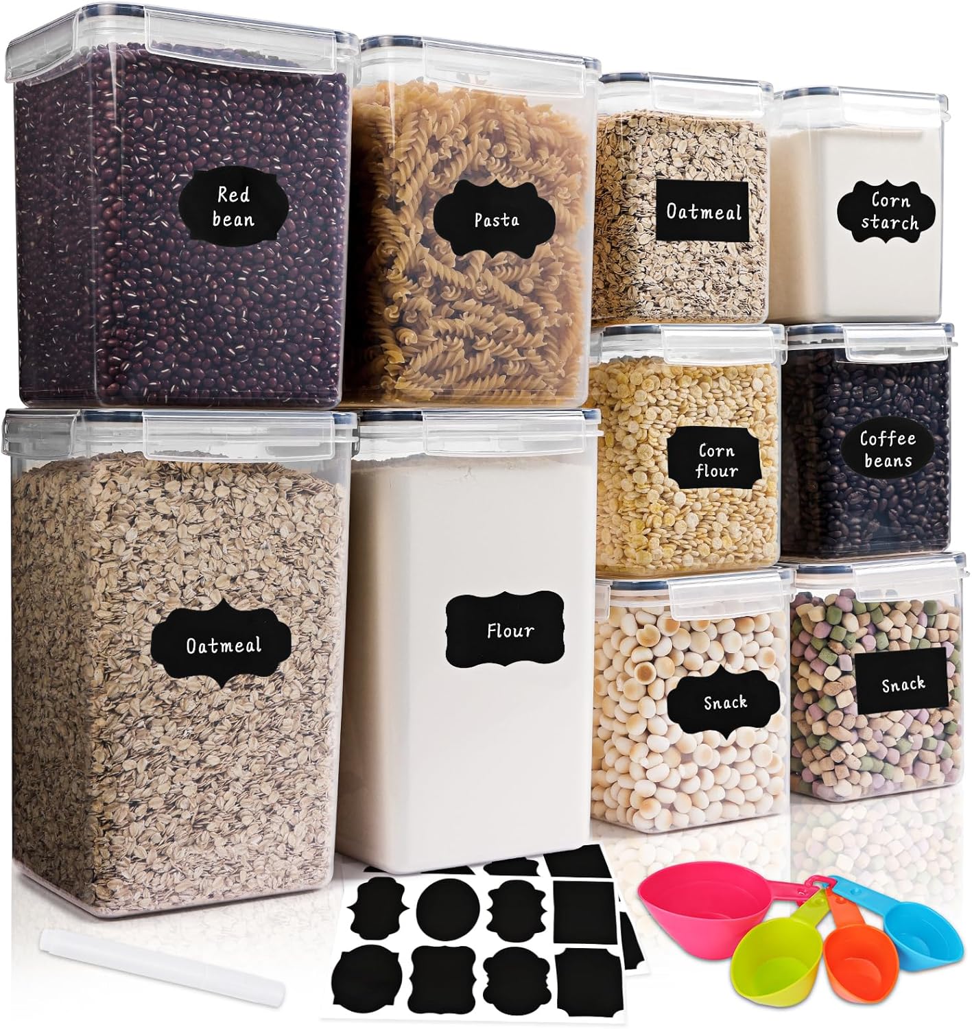 Moretoes Contenedores de almacenamiento para cereales, 10 recipientes herméticos de plástico grandes con tapas para harina de espaguetis y azúcar,