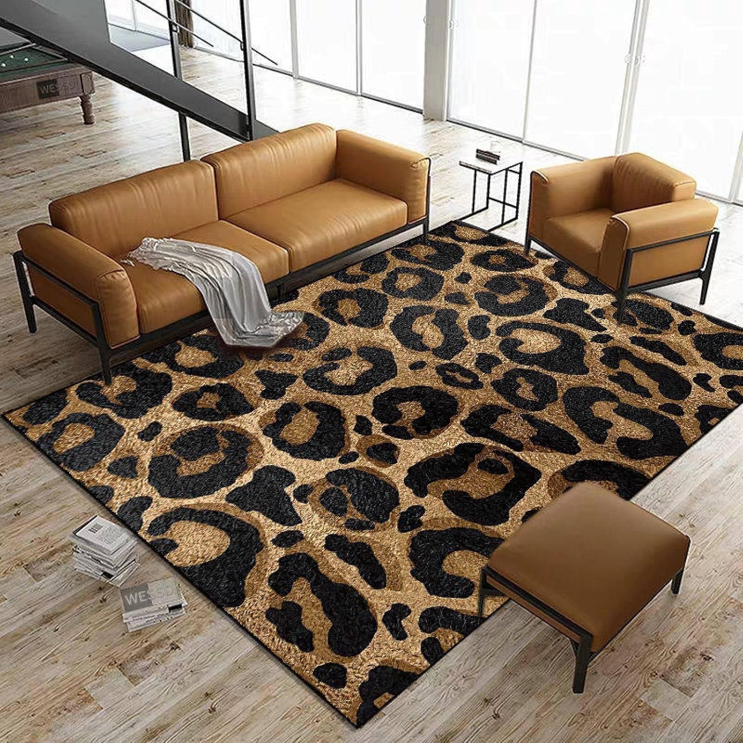 Alfombra moderna con estampado de leopardo nórdico, alfombra grande color negro y marrón, de pelo bajo, antideslizante, apta para mascotas, fácil de