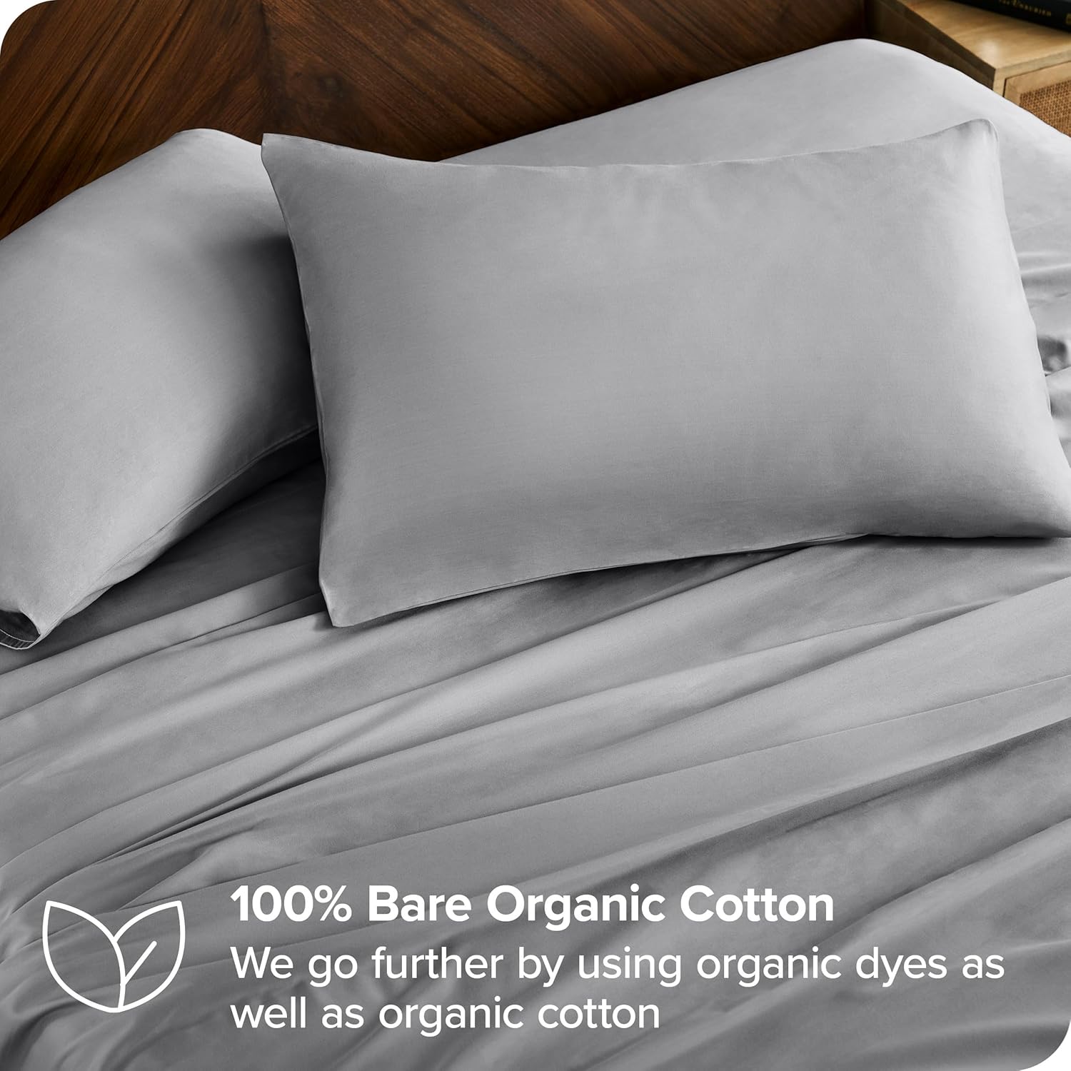 Bare Home Juego de sábanas extralargas de 100 % algodón orgánico, tejido de satén suave, cálido y lujoso (individual XL, gris claro)