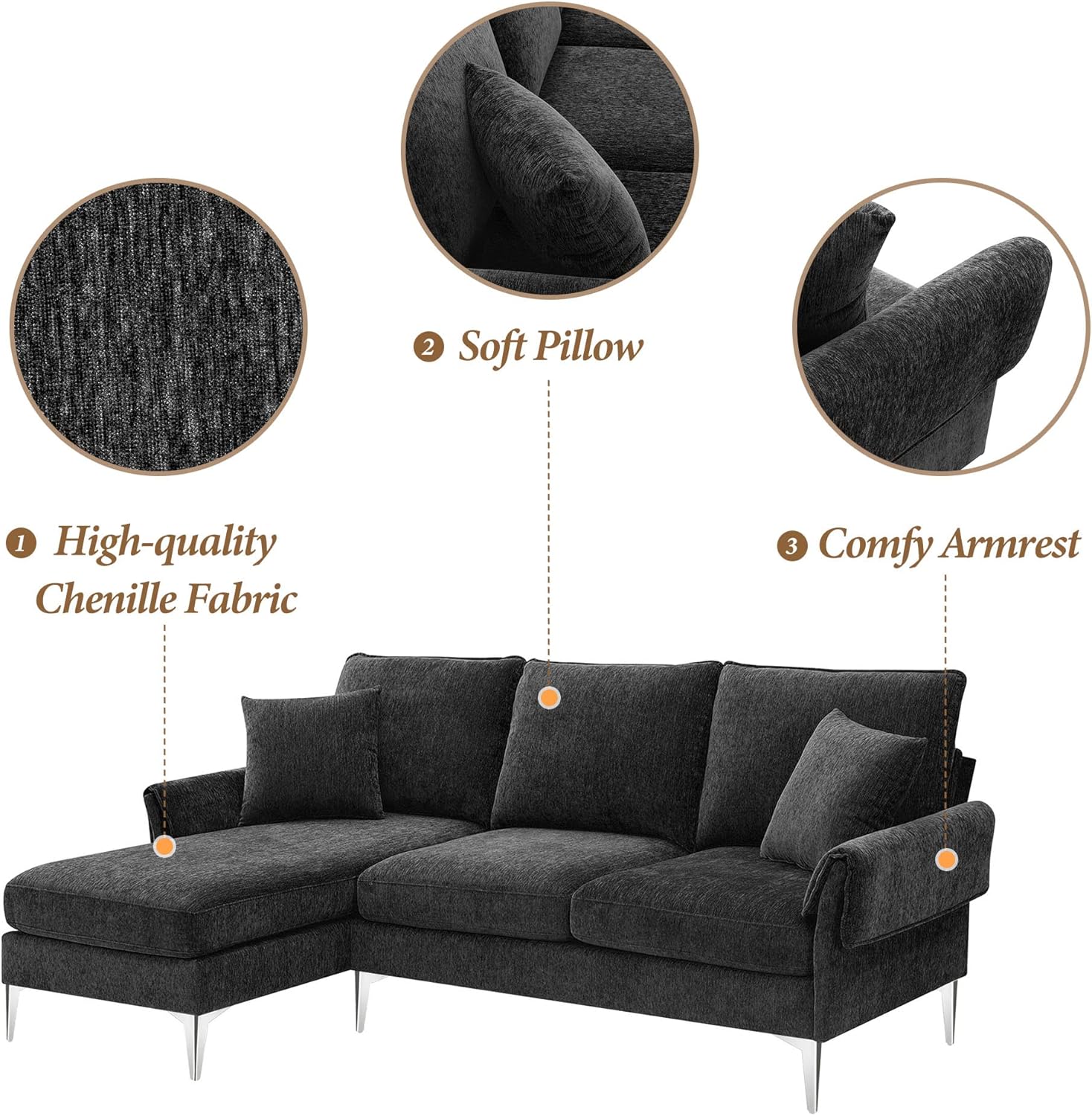 Sofá modular convertible, juego de muebles de felpilla en forma de L de 84 pulgadas, cómodos sofás de 4 asientos con diván reversible y espuma