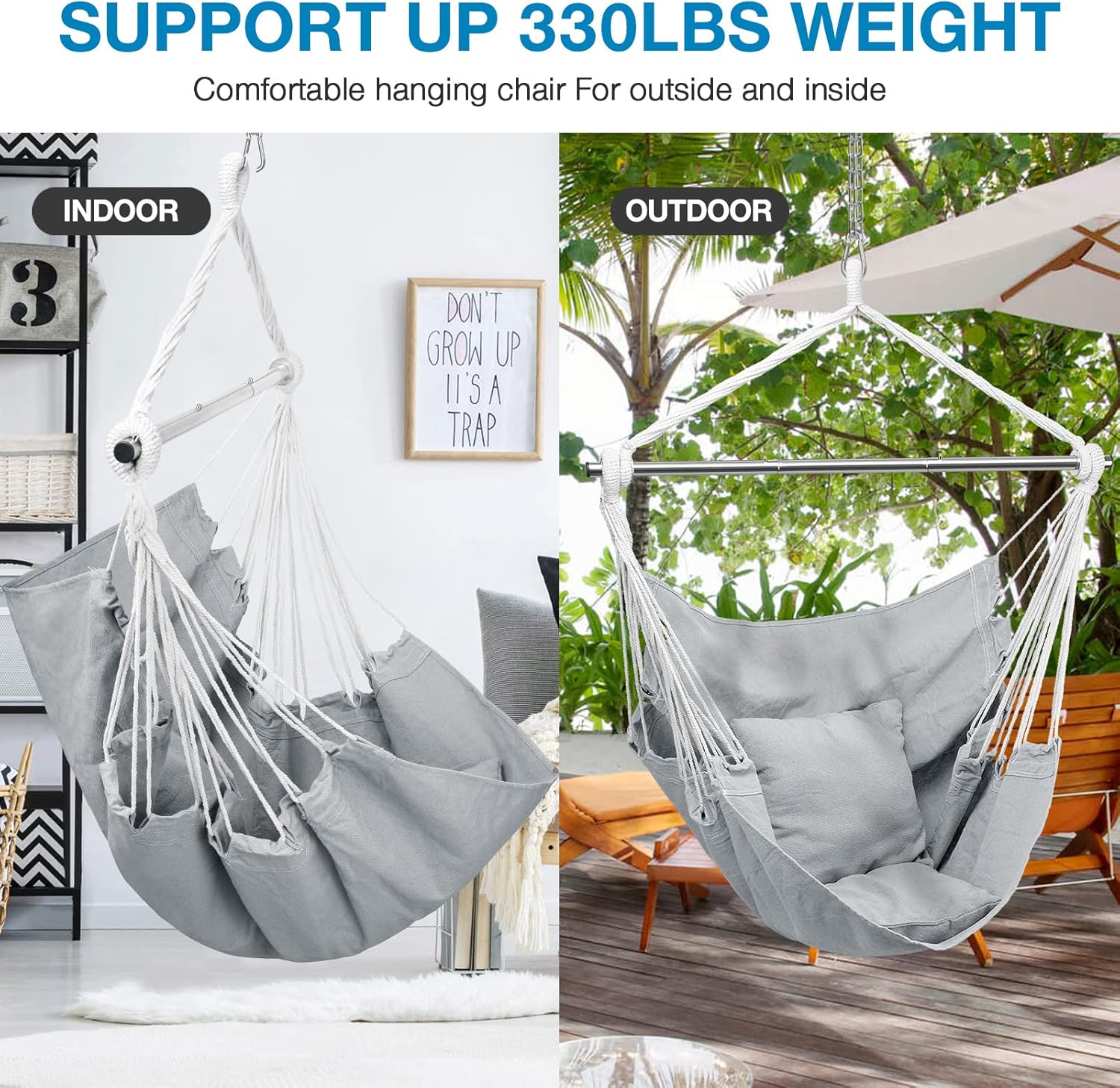 Silla hamaca colgante de cuerda, silla colgante portátil desmontable de metal con soporte de metal, hamaca columpio con kit de herramientas, sin