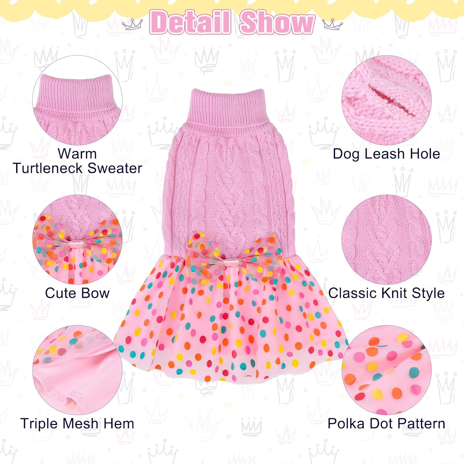 BEAUTYZOO Vestido de punto trenzado para perros pequeños con corbatín para perros pequeños y medianos, ropa de punto cálida de cuello alto, falda