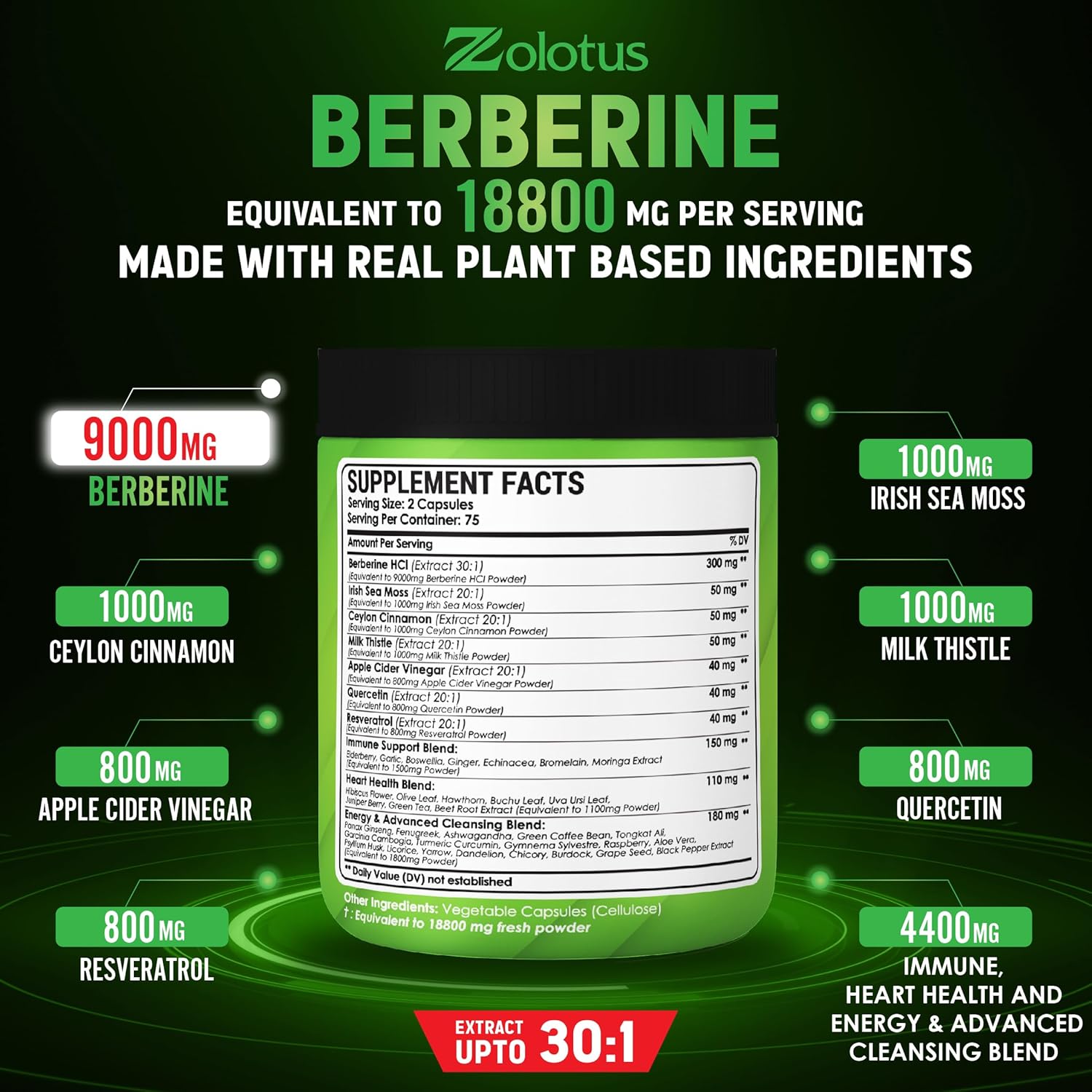 Zolotus Suplemento de berberina de 18800 mg 40 en 1, con musgo marino, canela, cardo mariano, vinagre de sidra de manzana, quercetina, el mejor