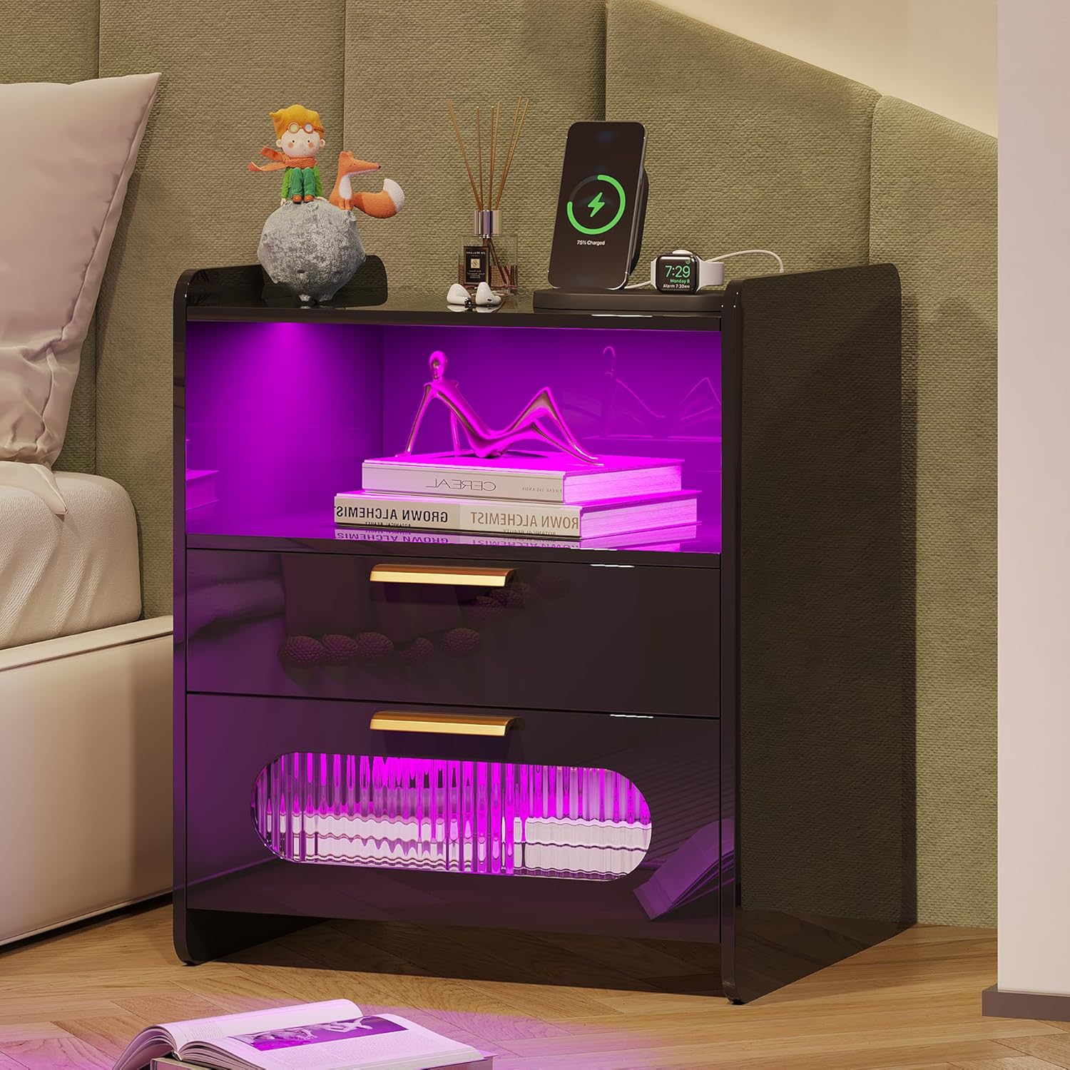dnbss Mesita de noche RGB con estación de carga, moderna mesita de noche con cajones de almacenamiento de joyas, mesita de noche inteligente para