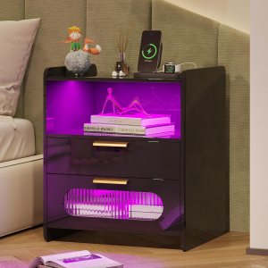 dnbss Mesita de noche RGB con estación de carga, moderna mesita de noche con cajones de almacenamiento de joyas, mesita de noche inteligente para dnbss Mesita de noche RGB con estación de carga, moderna mesita de noche con cajones de almacenamiento de joyas, mesita de noche inteligente para