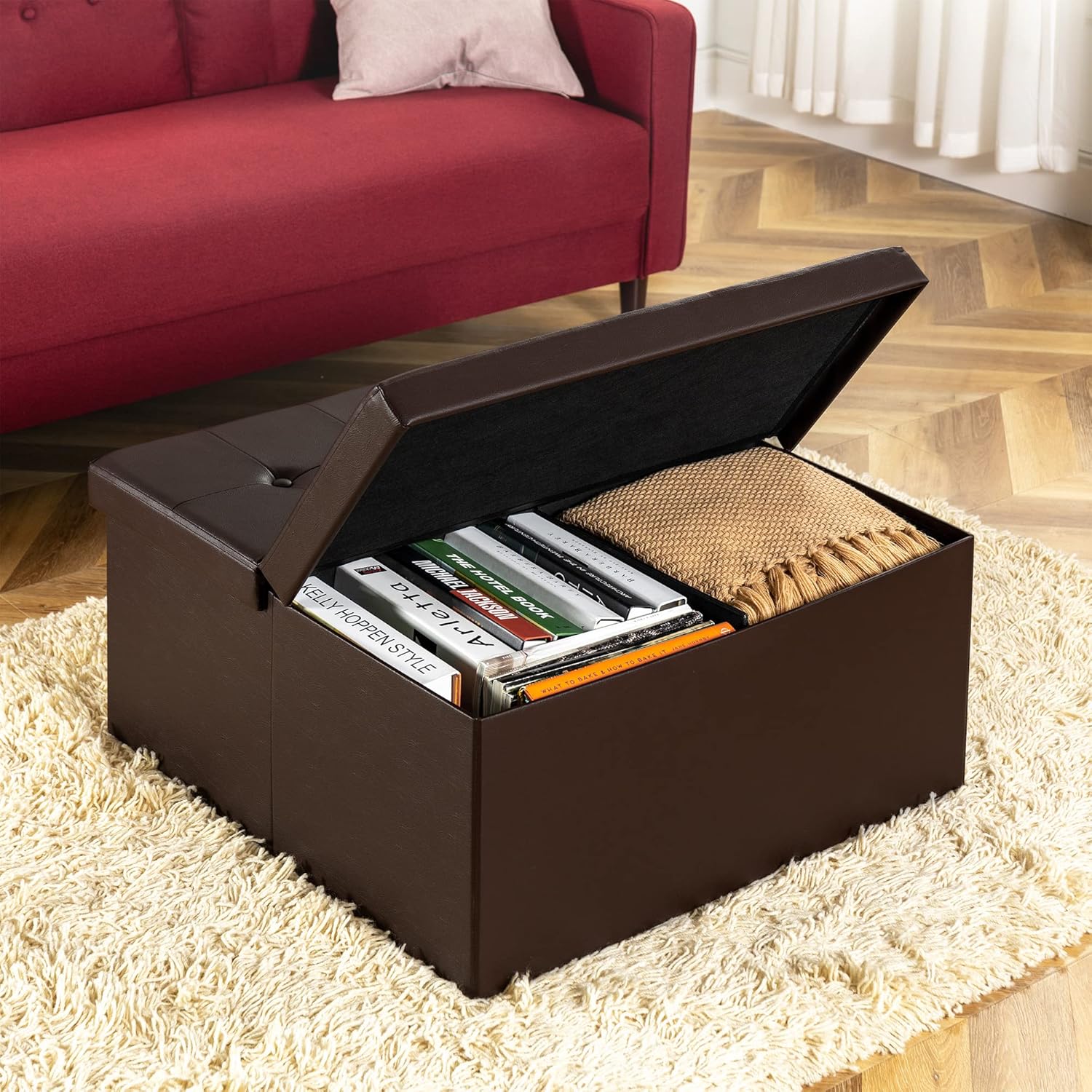 Otto & Ben – Mesa de centro con parte superior de elevación inteligente, plegable, de piel sintética, otomana, reposapiés, cuadrado de 30 pulgadas,