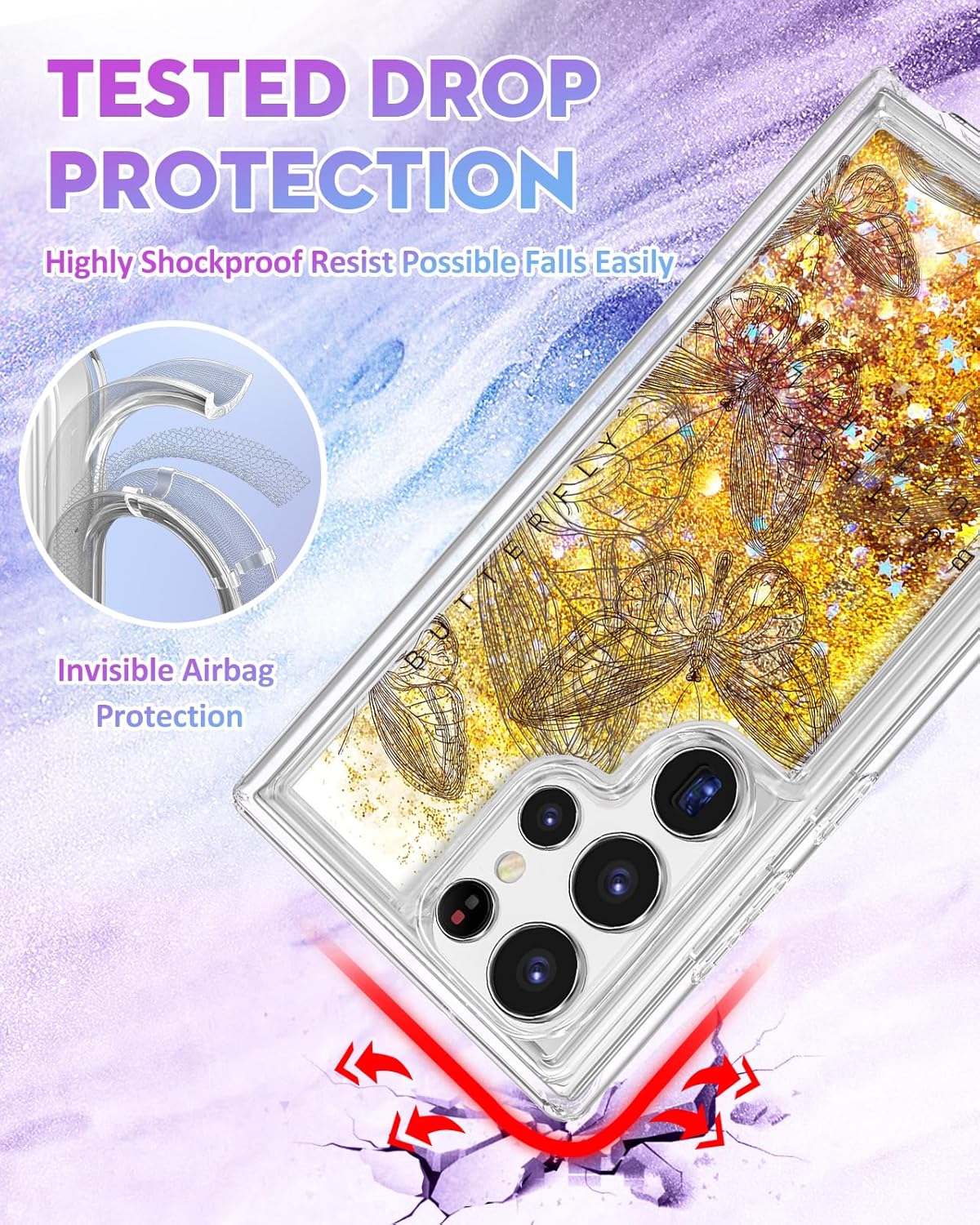 Funda para Samsung Galaxy S22 Ultra con purpurina líquida de arena movediza linda mariposa estética bonita divertida cubierta de diseño brillante