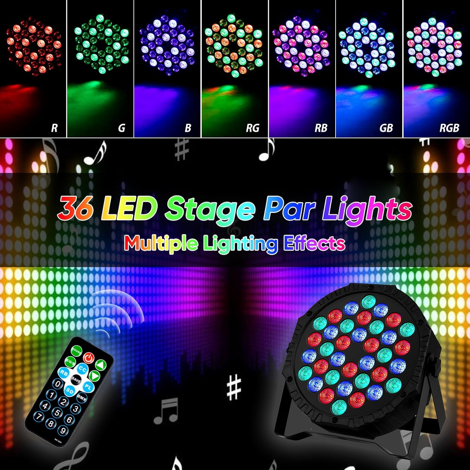 Luces LED para escenario DJ Par, 36 luces RGB para fiesta con control remoto activado por sonido, 7 modos de iluminación estroboscópica para