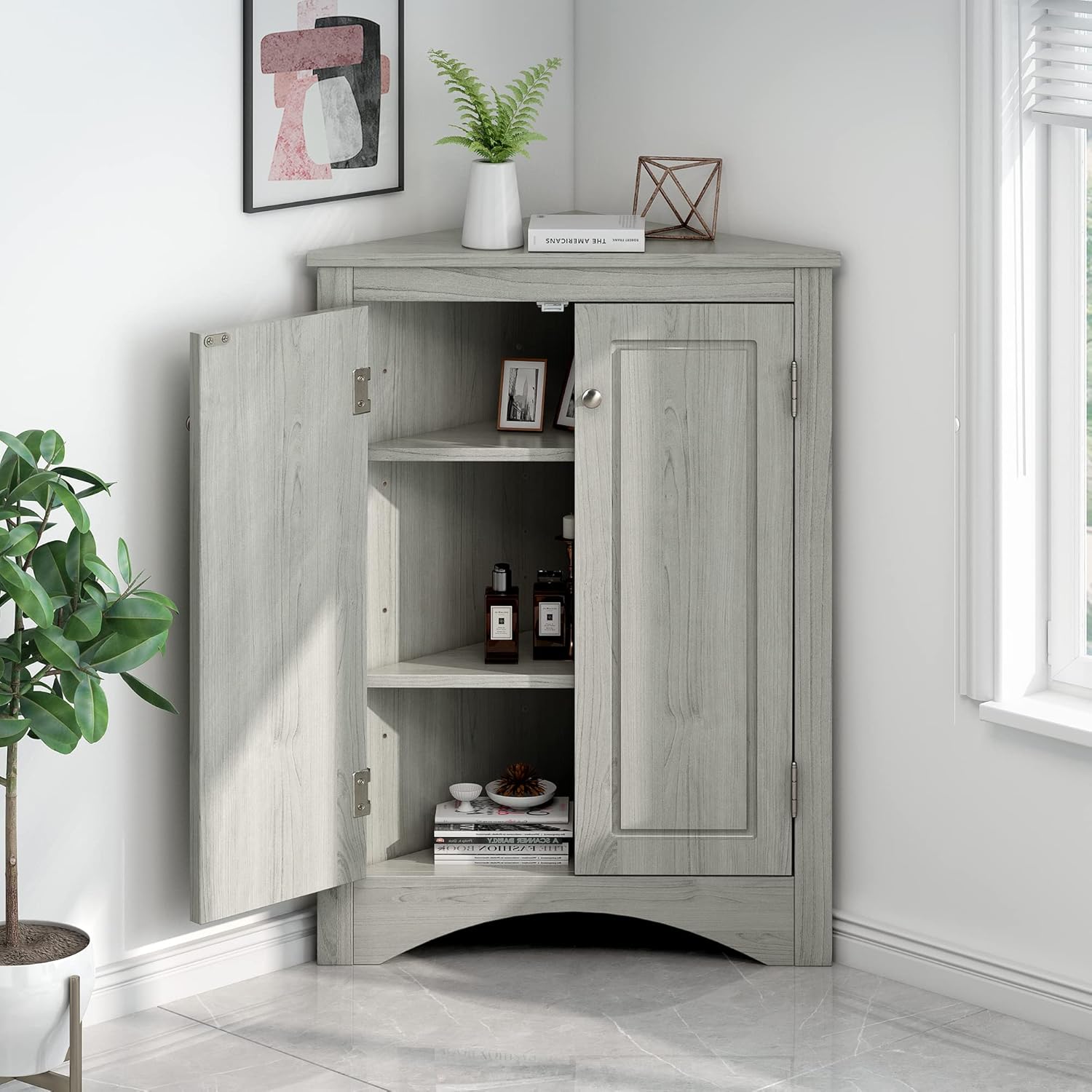 Harper & Bright Designs Armario de almacenamiento esquinero, gabinete de almacenamiento de baño independiente de 31.5 pulgadas con doble puerta y
