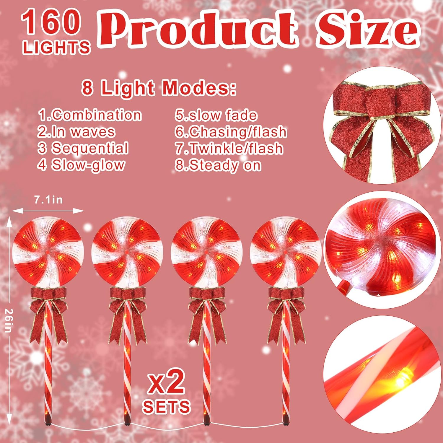 2 juegos de decoraciones de Navidad para exteriores, 26 pulgadas, piruleta de menta, bastón de caramelo, luces de camino, 160 LED, 8 modos de