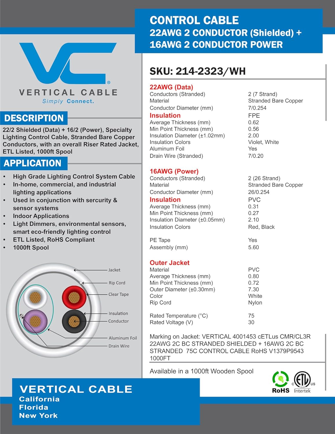 Elevador de cable vertical de control de iluminación de cable datos 222 (blindado) + potencia 162, conductores de cobre desnudos trenzados, blanco,