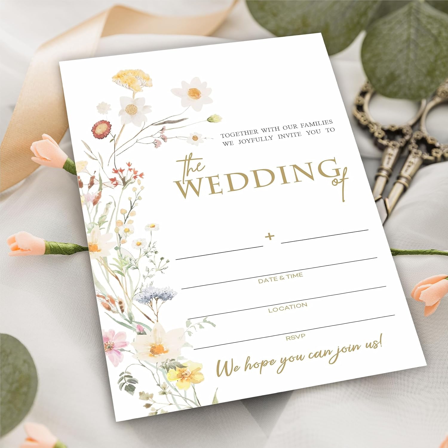 Invitaciones de boda florales, 25 invitaciones de boda de flores silvestres bohemias con sobres, invitaciones de estilo de relleno de doble cara