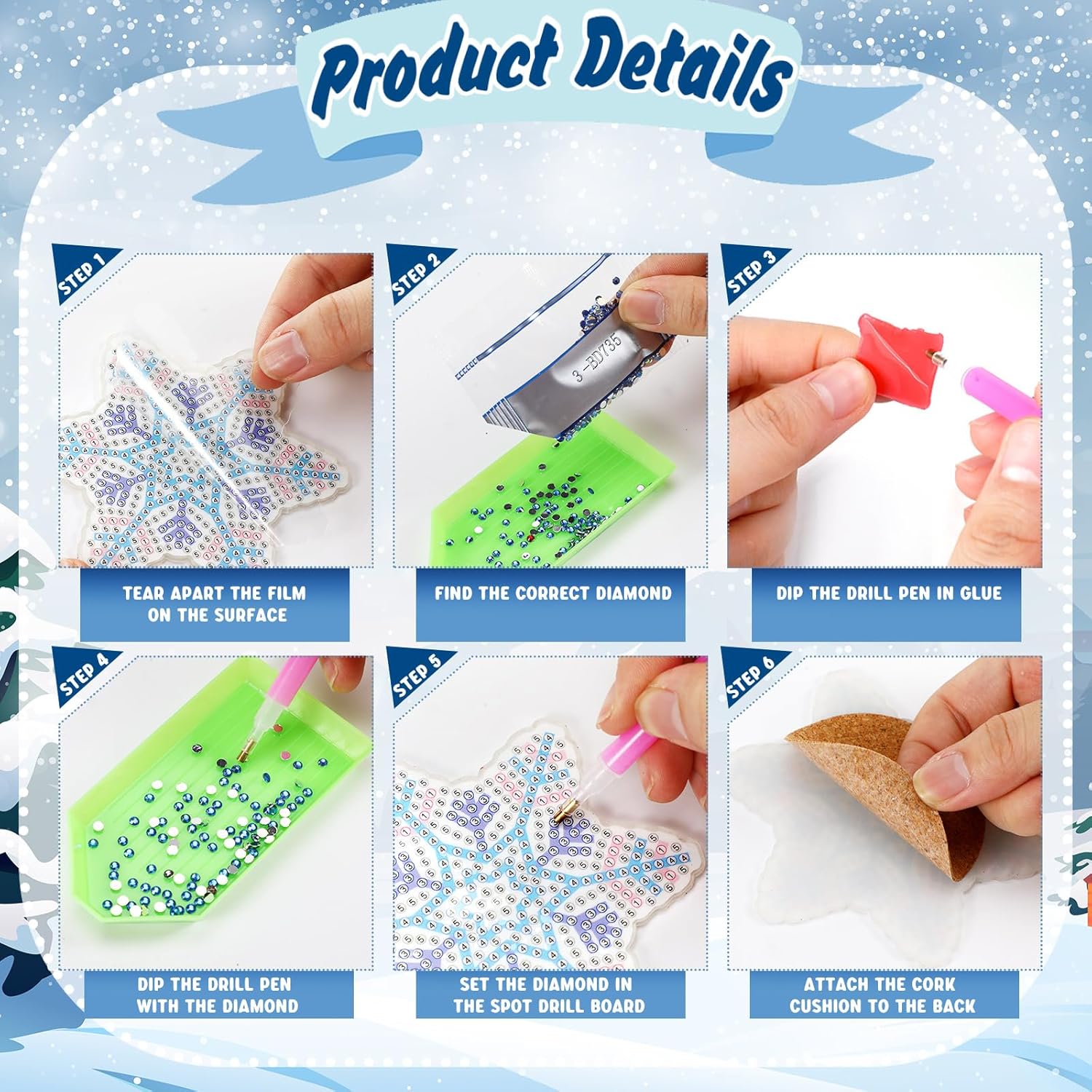Juego de 10 posavasos de pintura de diamante 5D con copos de nieve, acrílico de invierno, posavasos de diamantes de copo de nieve con soporte base