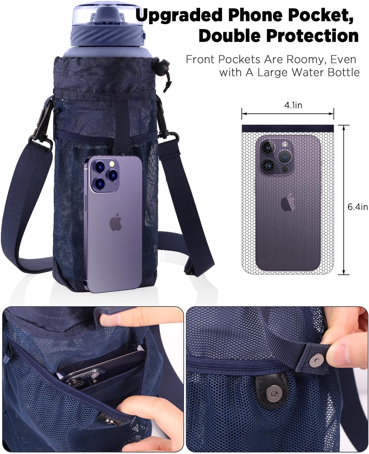 EasyAcc Upgraded Reinforced Water Bottle Holder Carrier Strap, for 12-60oz Bottle, with Adjustable Shoulder, Double Front Pocket, Bottle Bag for