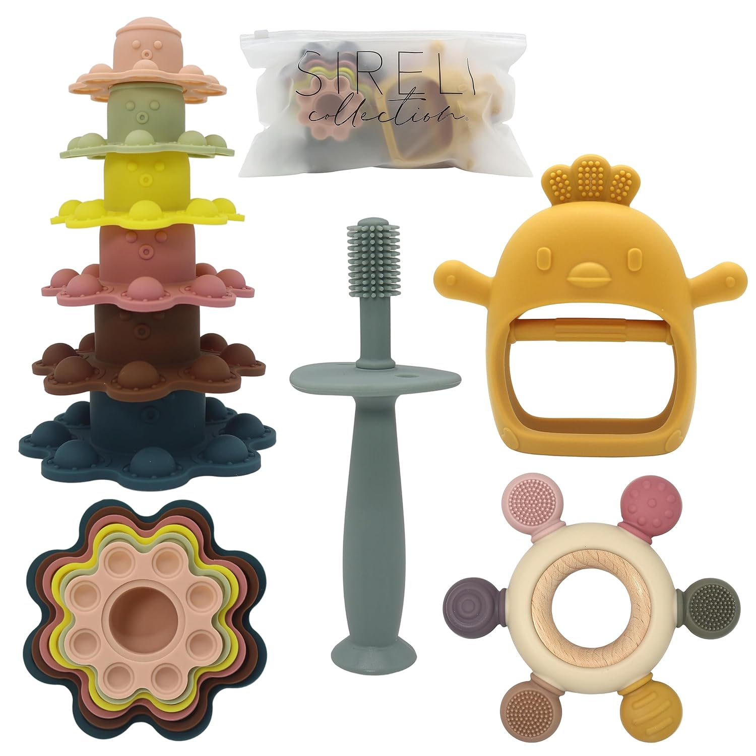SIRELI – Juego de 4 juguetes de dentición para bebé, 100% silicona de grado alimenticio, sin BPA, juguete de 6 a 12 meses, juego de regalo para