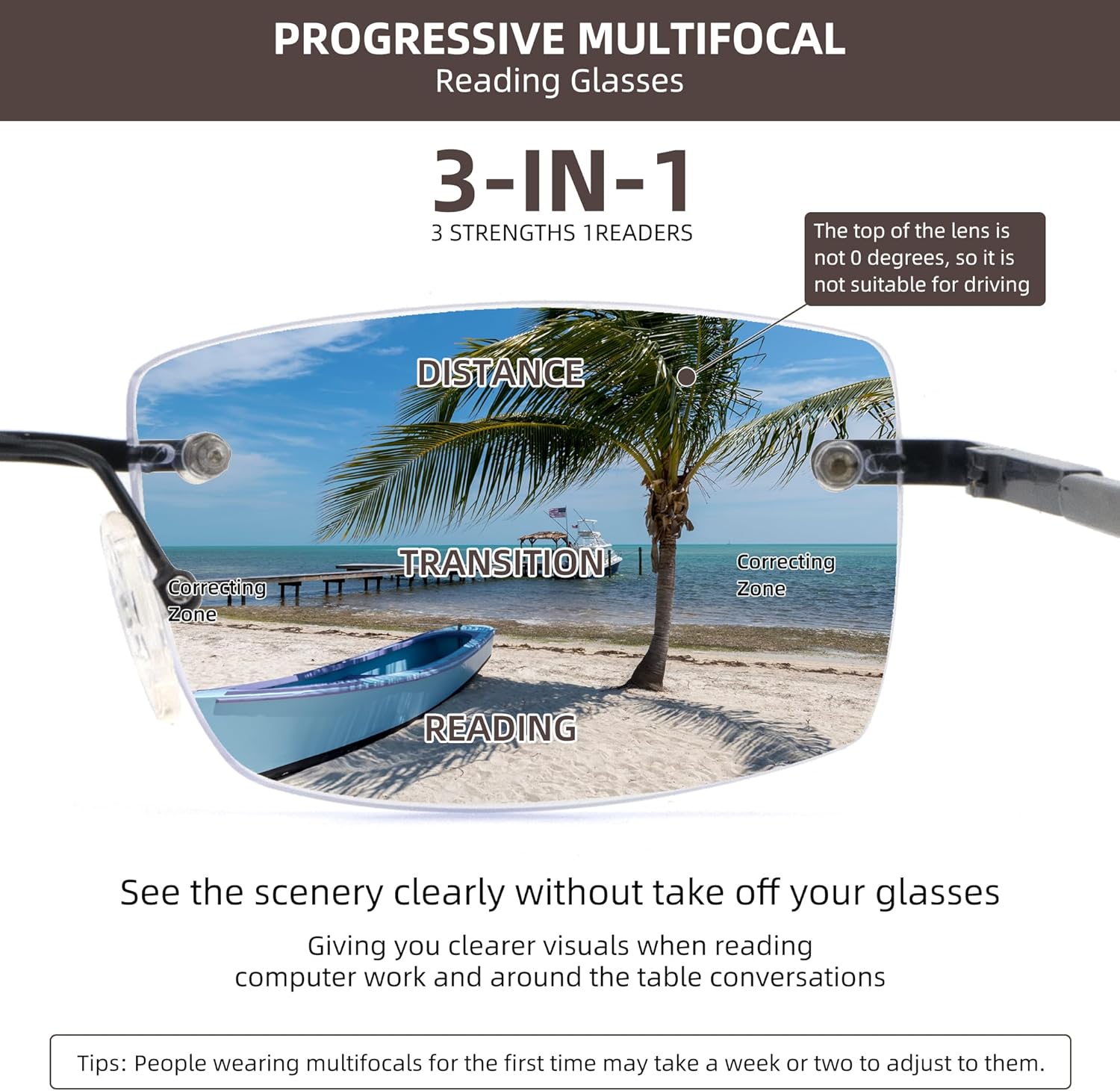 HIYANJN Gafas de lectura progresivas para hombre, marco sin marco, bloqueo de luz azul, multifocales, para computadora, bisagra de resorte, sin línea